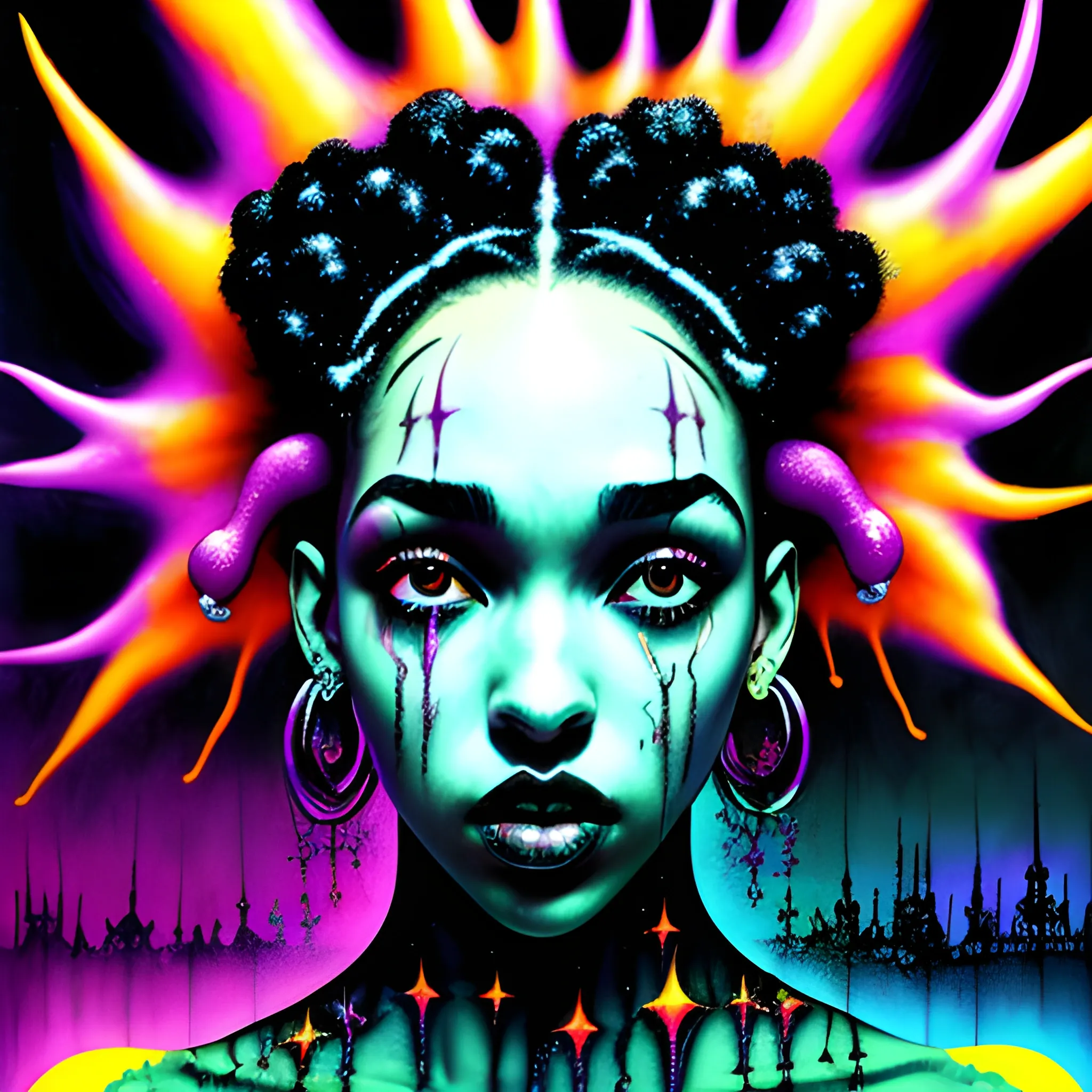  Masterpiece, scenic; FKA Twigs; neon spray paint, acrylic paint, fantastical surrealist world, in the style of Stephen Gammell and Shawn Coss, extremely detailed, sick, gothic, eldritch; extreme neon color, stars, glitter, sparkles