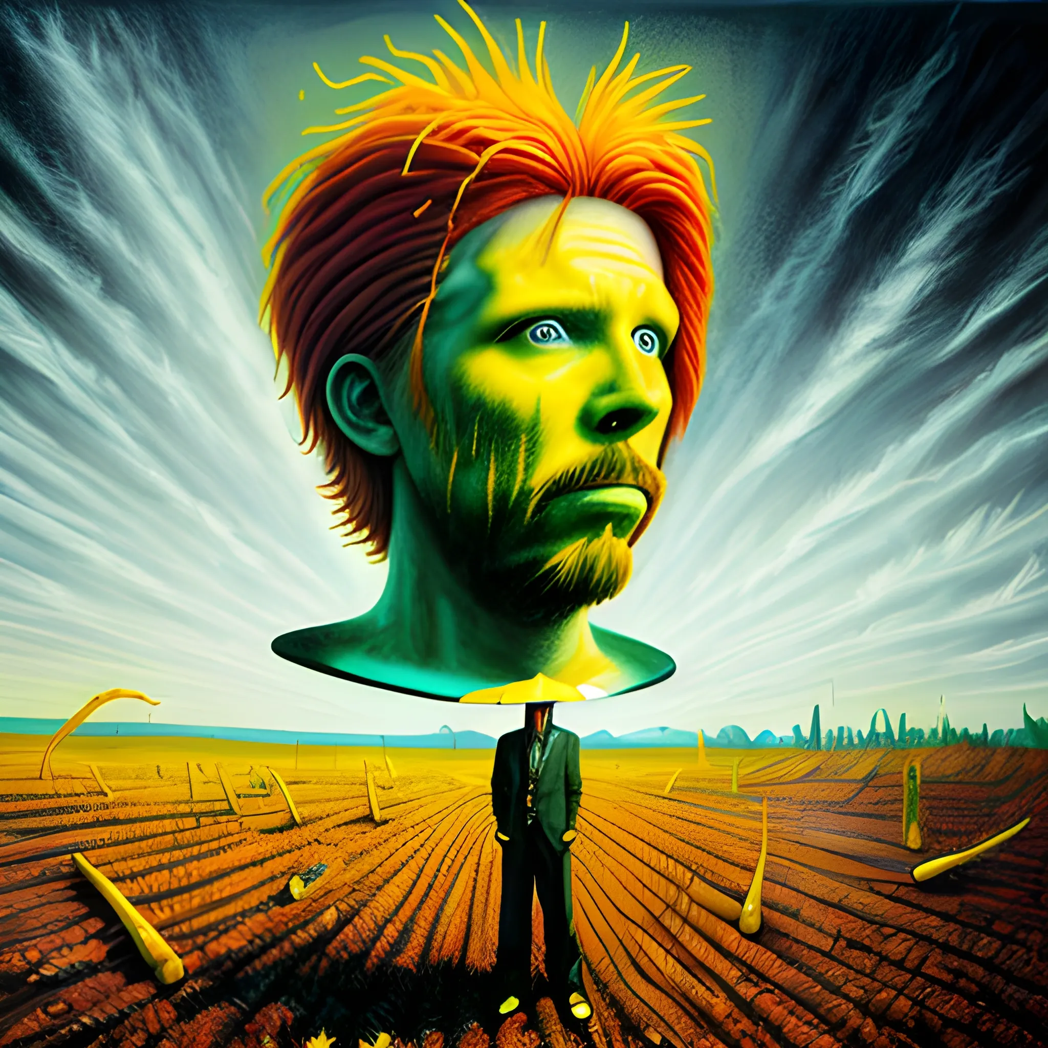  Masterpiece, scenic;  redhead Courtney Gains; neon spray paint, acrylic paint, fantastical surrealist world, corn cob, yellow corn; in the style of Stephen Gammell and Shawn Coss