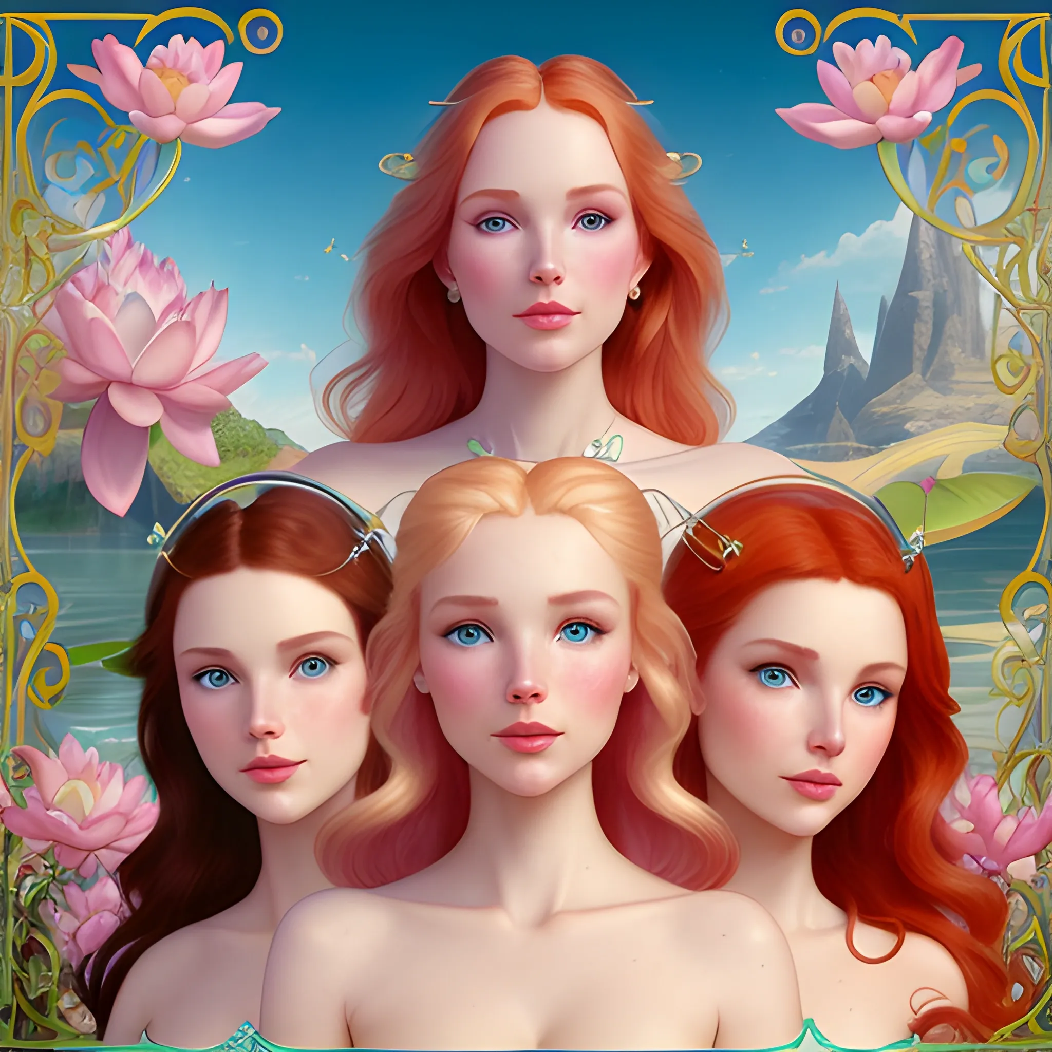 Elsa Hosk / Dove Cameron / Robyn Lively / Amanda Holden  face morph; beautiful twins at a lotus pond; red hair, gold-hazel eyes; highly detailed beautiful faces; glitter, renaissance; high contrast, pastel, sorbet, pearlescent, Unreal Engine 5; by Dan Parent, Alphonse Mucha, Artgerm, WLOP, intricately detailed, fantasy, bizarre, beautiful, Chromolithography, Soft Shading, Unreal Engine; digital painting, smooth, sharp focus, illustration, art by lisa frank, Steve Goad, Frank Frazetta, William-Adolphe Bouguereau, Unreal Engine 5, Cartoon, 3D, Oil Painting; dark red hair