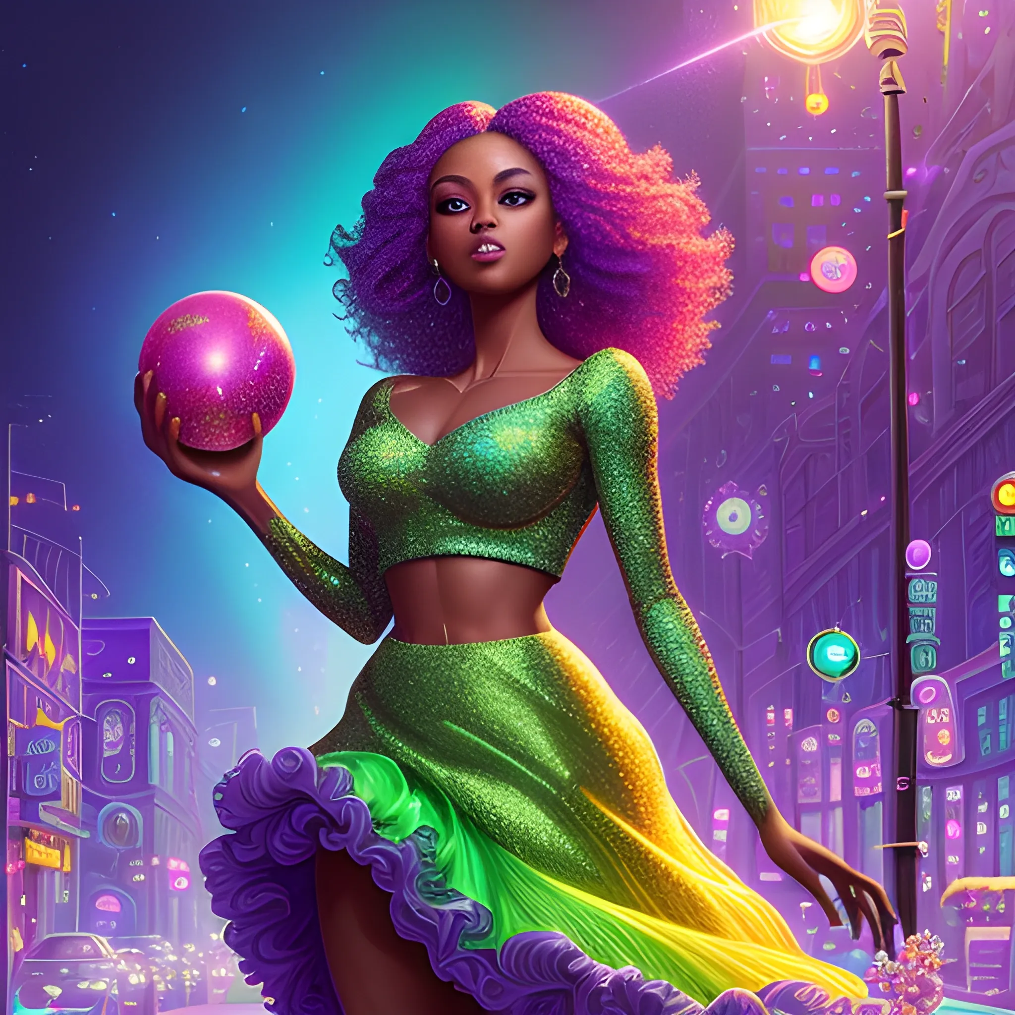 Charlotte Ayanna, perfect, anatomically correct perfect body, highly detailed beautiful face, green midriff dress, meticulously detailed multi-hued long dark curly hair, holding a purple ball in her hand; digital painting, smooth, sharp focus, colorful illustration, art by Lisa Frank, James R. Eads, artgerm and Maxfield Parrish; luminous color sparkles, glitter, neon, airbrush, Unreal Engine 5, Fausto-Giurescu, Tania Rivilis, Dan Mumford; luminous colorful sparkles, glitter, airbrush, depth of field, volumetric lighting, downtown