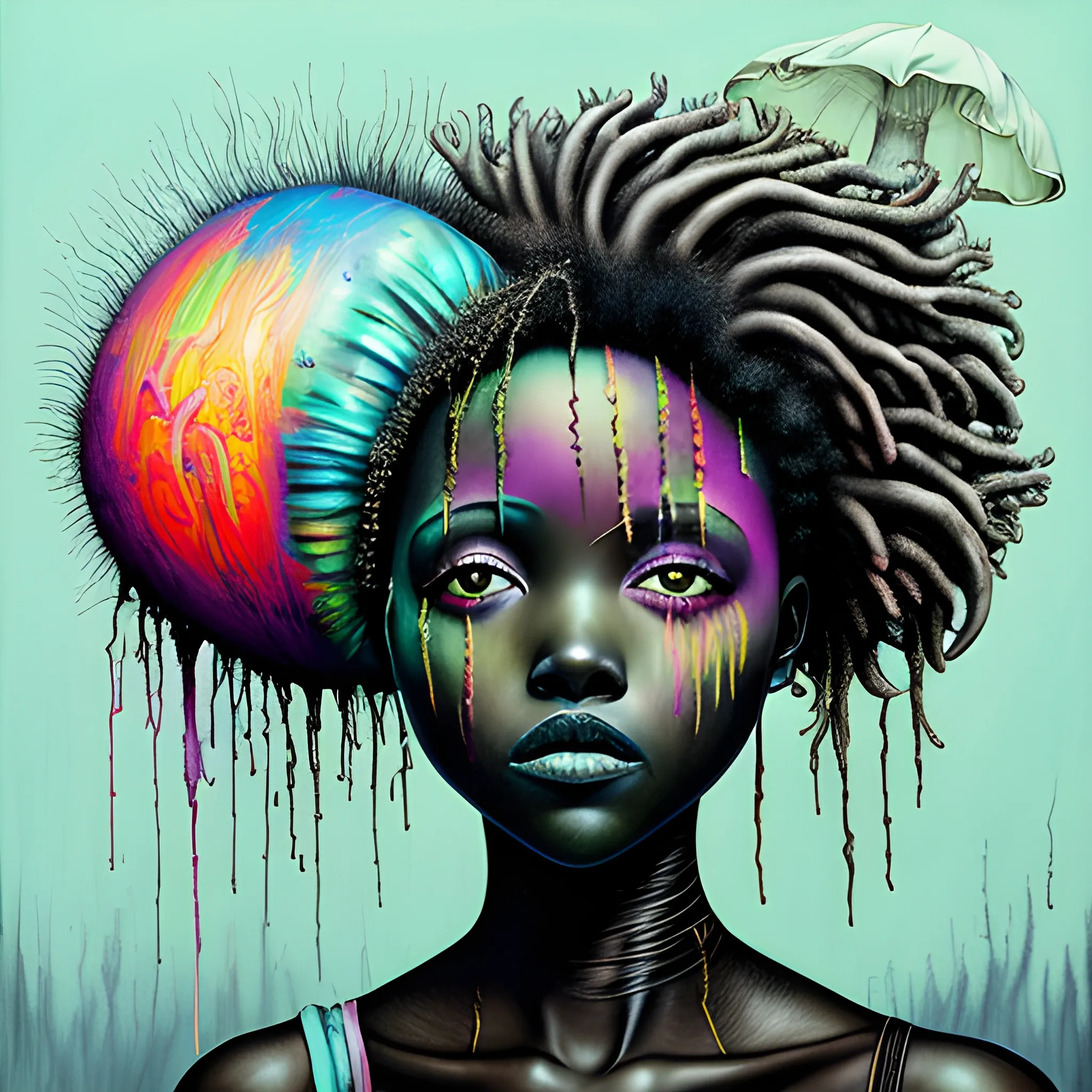  Masterpiece, scenic; Lupita Nyong'o; neon spray paint, acrylic paint, fantastical surrealist world, in the style of Stephen Gammell and Shawn Coss, extremely detailed, sick, gothic, eldritch, markers, crayons, oil pastels, mushroom cloud hair