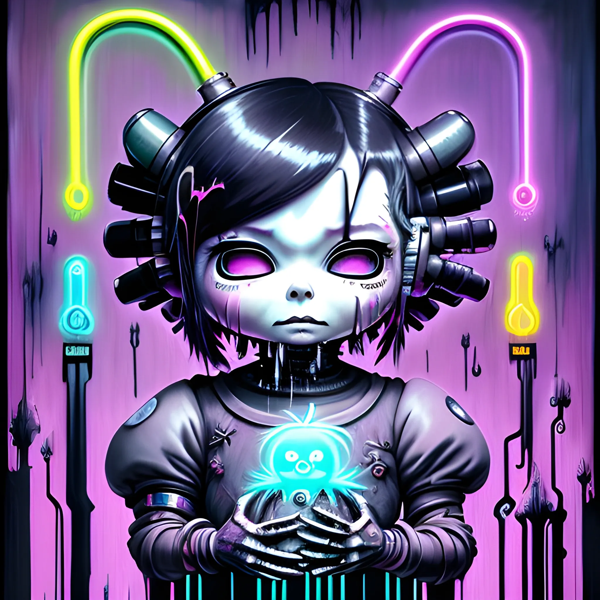  Masterpiece, scenic; Bjork; neon spray paint, acrylic paint, fantastical surrealist world, in the style of Stephen Gammell and Shawn Coss, extremely detailed, sick, gothic, eldritch: chibi kawaii neon cyber ghost in the shell