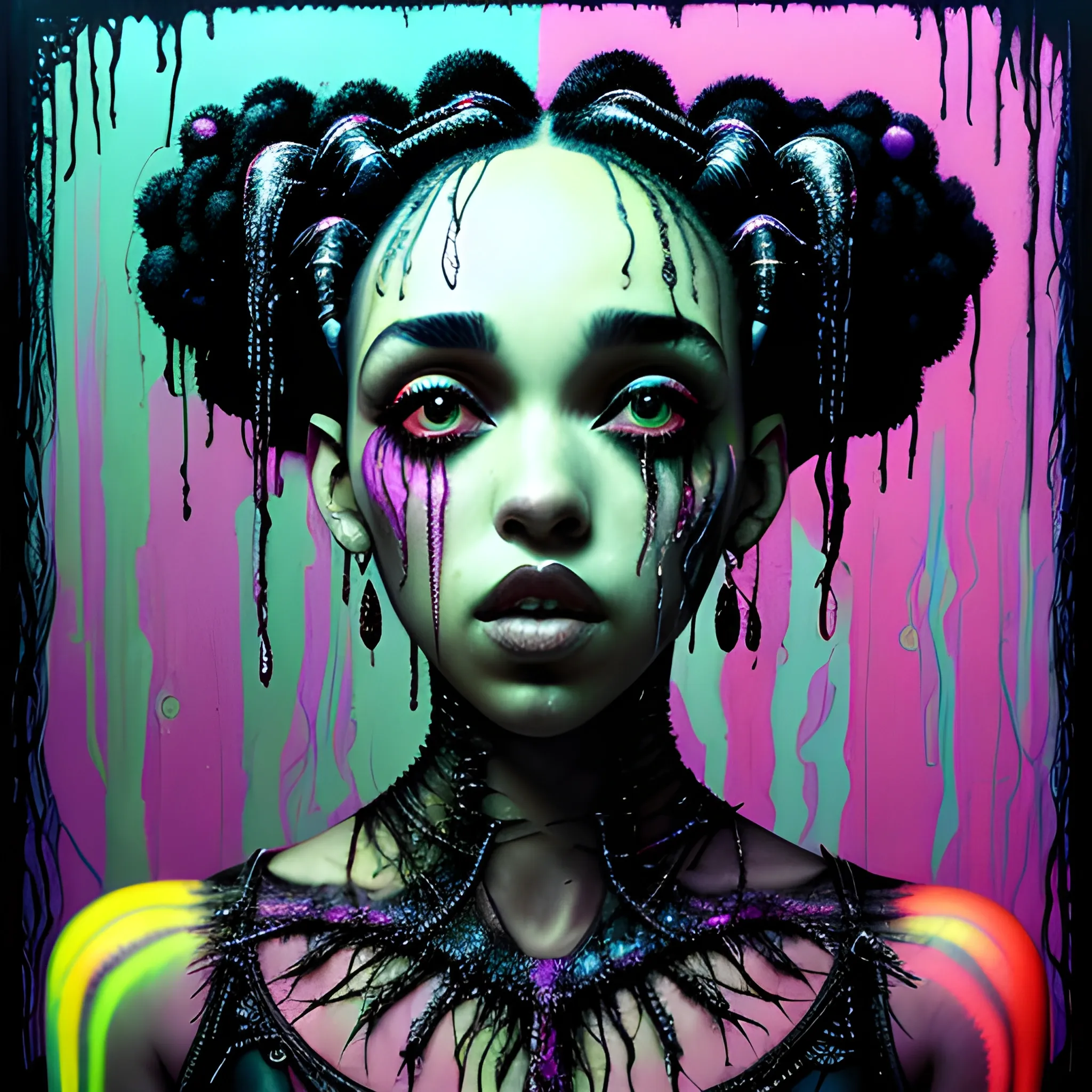  Masterpiece, scenic; FKA Twigs; neon spray paint, acrylic paint, fantastical surrealist world, in the style of Stephen Gammell and Shawn Coss, extremely detailed, sick, gothic, eldritch; extreme neon color, stars, glitter, sparkles