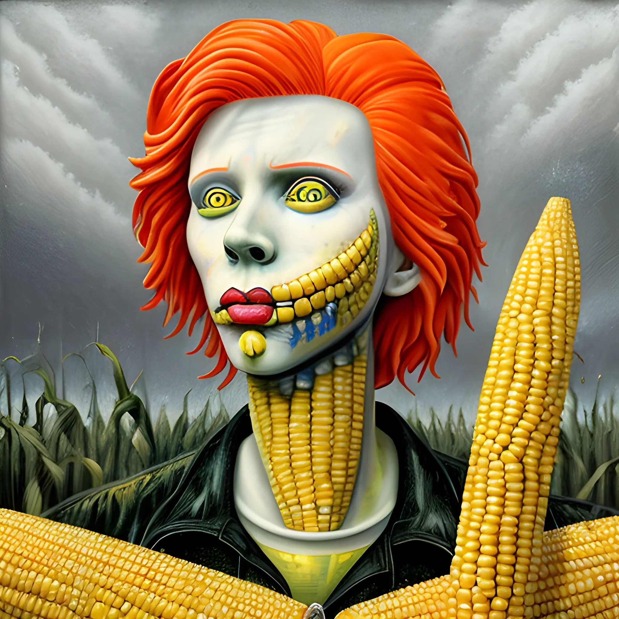  Masterpiece, scenic;  redhead Courtney Gains; neon spray paint, acrylic paint, fantastical surrealist world, corn cob, yellow corn; in the style of Stephen Gammell and Shawn Coss