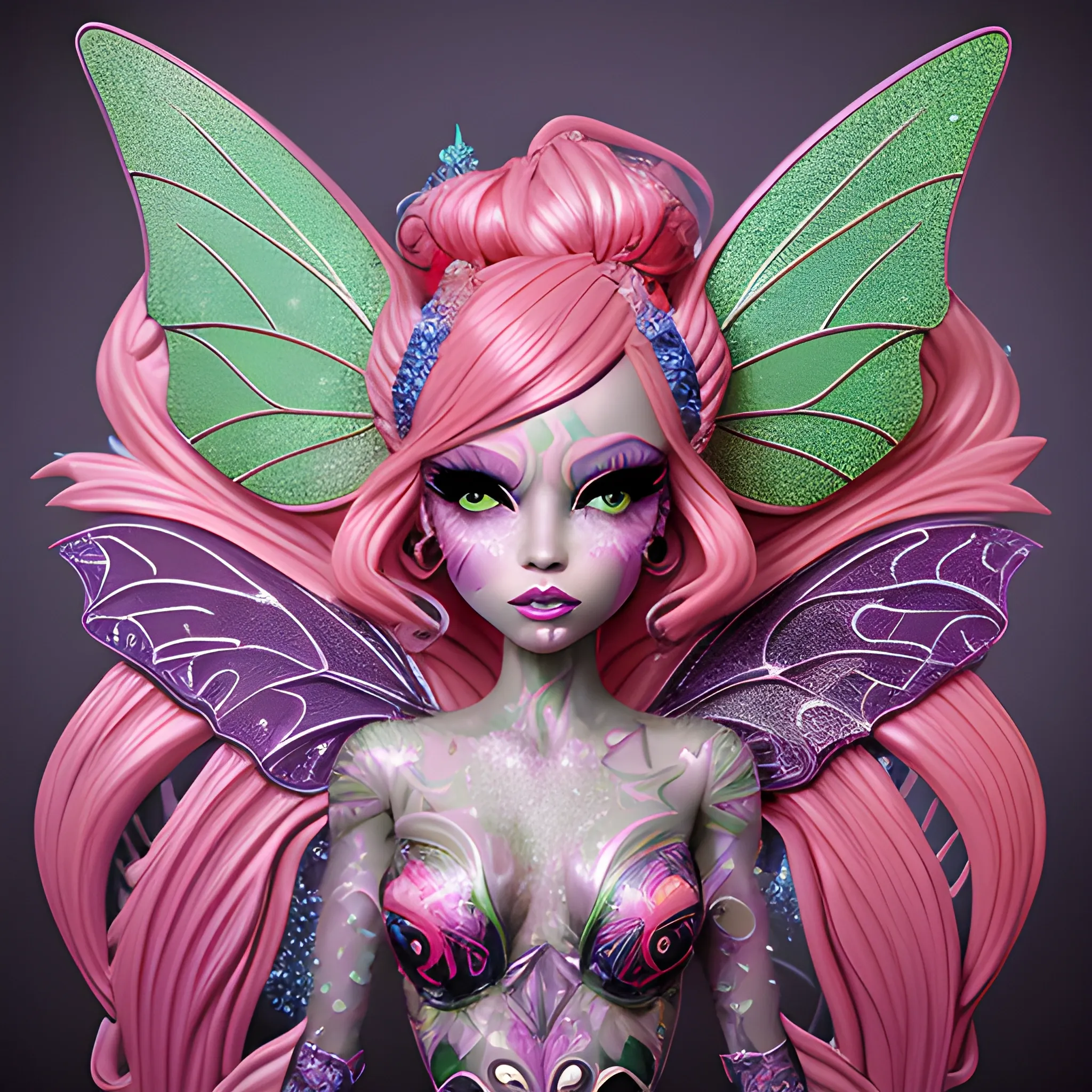  Mythical Fairy: monster High doll: vines: woman: fairy wings: forest: nature: orange and pink: detailed: glitter, airbrush, luminous color sparkles; graffiti art, splash art, street art, spray paint, oil gouache melting, acrylic, high contrast, colorful polychromatic, ultra detailed, ultra quality, CGSociety, 3D; hyperdetailed face of Rosie Perez