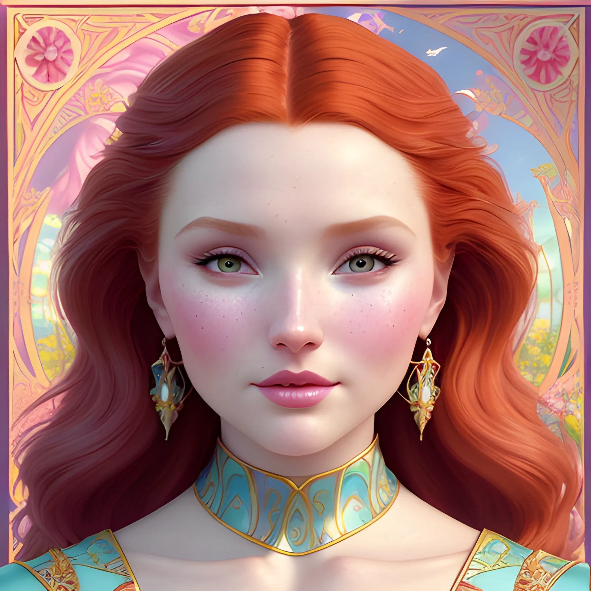 Elsa Hosk / Dove Cameron / Robyn Lively / Amanda Holden  face morph; beautiful twins at a lotus pond; red hair, gold-hazel eyes; highly detailed beautiful faces; glitter, renaissance; high contrast, pastel, sorbet, pearlescent, Unreal Engine 5; by Dan Parent, Alphonse Mucha, Artgerm, WLOP, intricately detailed, fantasy, bizarre, beautiful, Chromolithography, Soft Shading, Unreal Engine; digital painting, smooth, sharp focus, illustration, art by lisa frank, Steve Goad, Frank Frazetta, William-Adolphe Bouguereau, Unreal Engine 5, Cartoon, 3D, Oil Painting; dark red hair