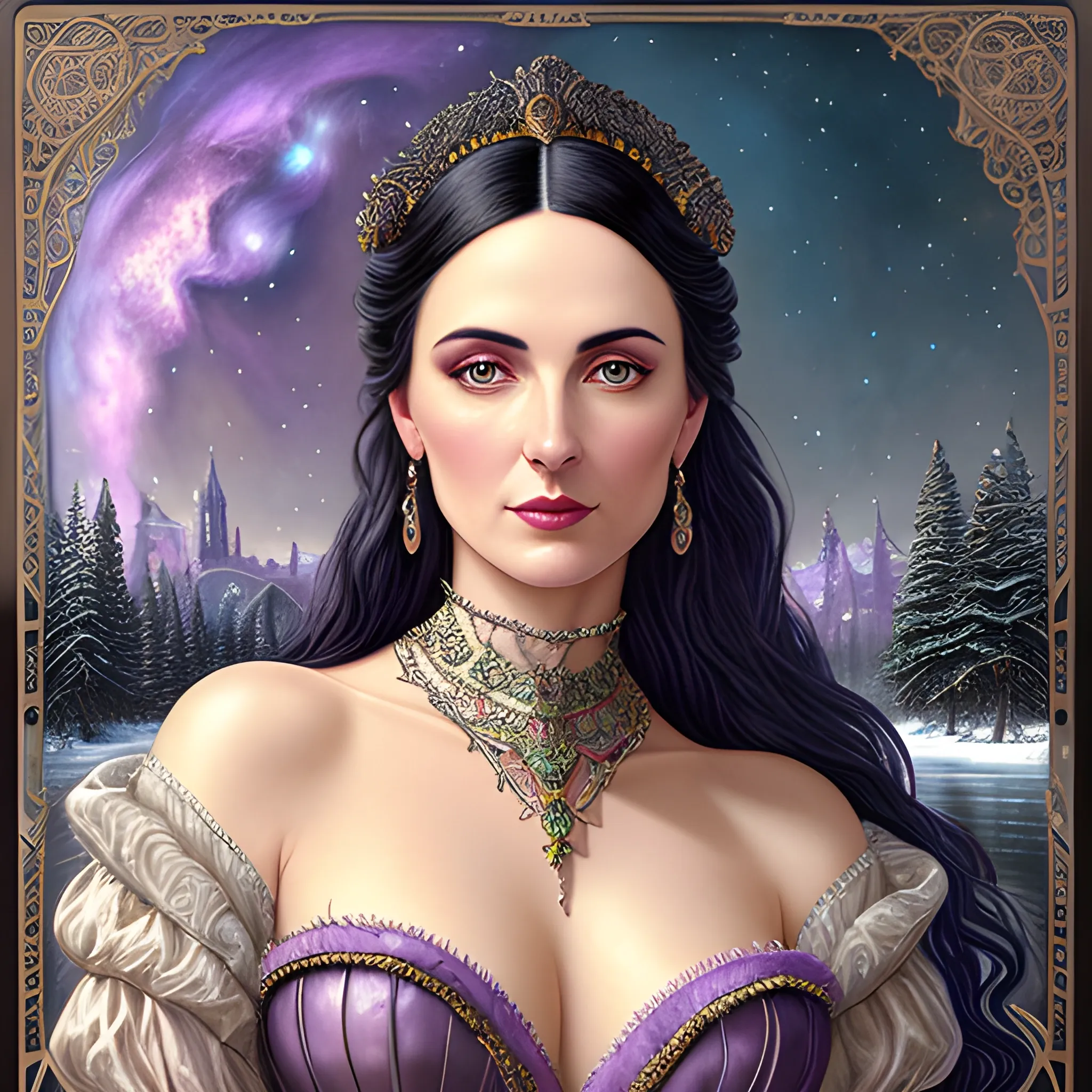 Lilac Princess, full body shot; Amy Lee / Rachel Leigh Cook face morph wears a lavender sequined dress. She has long, sleek black hair, and stands in front of snow-covered pine trees and an icy river. Her features are symmetrical, lovely, and anatomically correct. She wears amethyst jewelry. Lips are soft, in a slight smile; behind her a cityscape, and full smooth moon in a nebula sky, clouds; fantasy, Vintage Art, 16k resolution, intricately detailed, Renaissance, Chromolithography Soft Shading; ethereal fantasy, realistic oil painting. Victorian era, glitter, old fashioned, vintage, antique, renaissance, gothic, eldritch, highly intricate, sophisticated and complex digital painting, concept art, hyperrealism, Cinema 4D, 8k resolution, 64 megapixels, CGSociety, ZBrushCentral, behance HD, hypermaximalist, parallax
