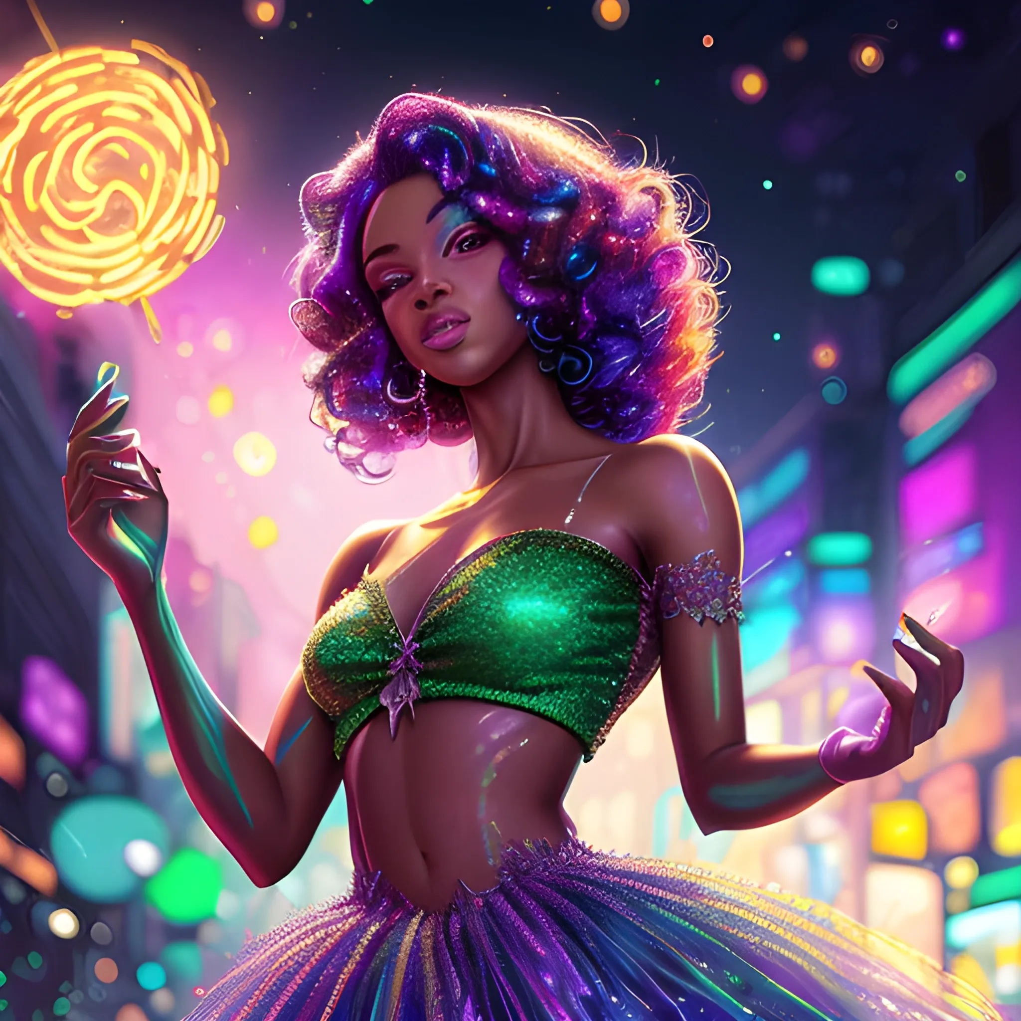 Charlotte Ayanna, perfect, anatomically correct perfect body, highly detailed beautiful face, green midriff dress, meticulously detailed multi-hued long dark curly hair, holding a purple ball in her hand; digital painting, smooth, sharp focus, colorful illustration, art by Lisa Frank, James R. Eads, artgerm and Maxfield Parrish; luminous color sparkles, glitter, neon, airbrush, Unreal Engine 5, Fausto-Giurescu, Tania Rivilis, Dan Mumford; luminous colorful sparkles, glitter, airbrush, depth of field, volumetric lighting, downtown