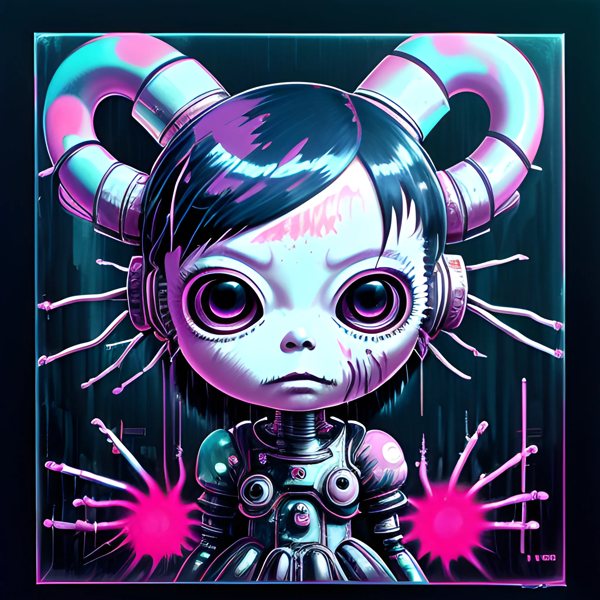  Masterpiece, scenic; Bjork; neon spray paint, acrylic paint, fantastical surrealist world, in the style of Stephen Gammell and Shawn Coss, extremely detailed, sick, gothic, eldritch: chibi kawaii neon cyber ghost in the shell