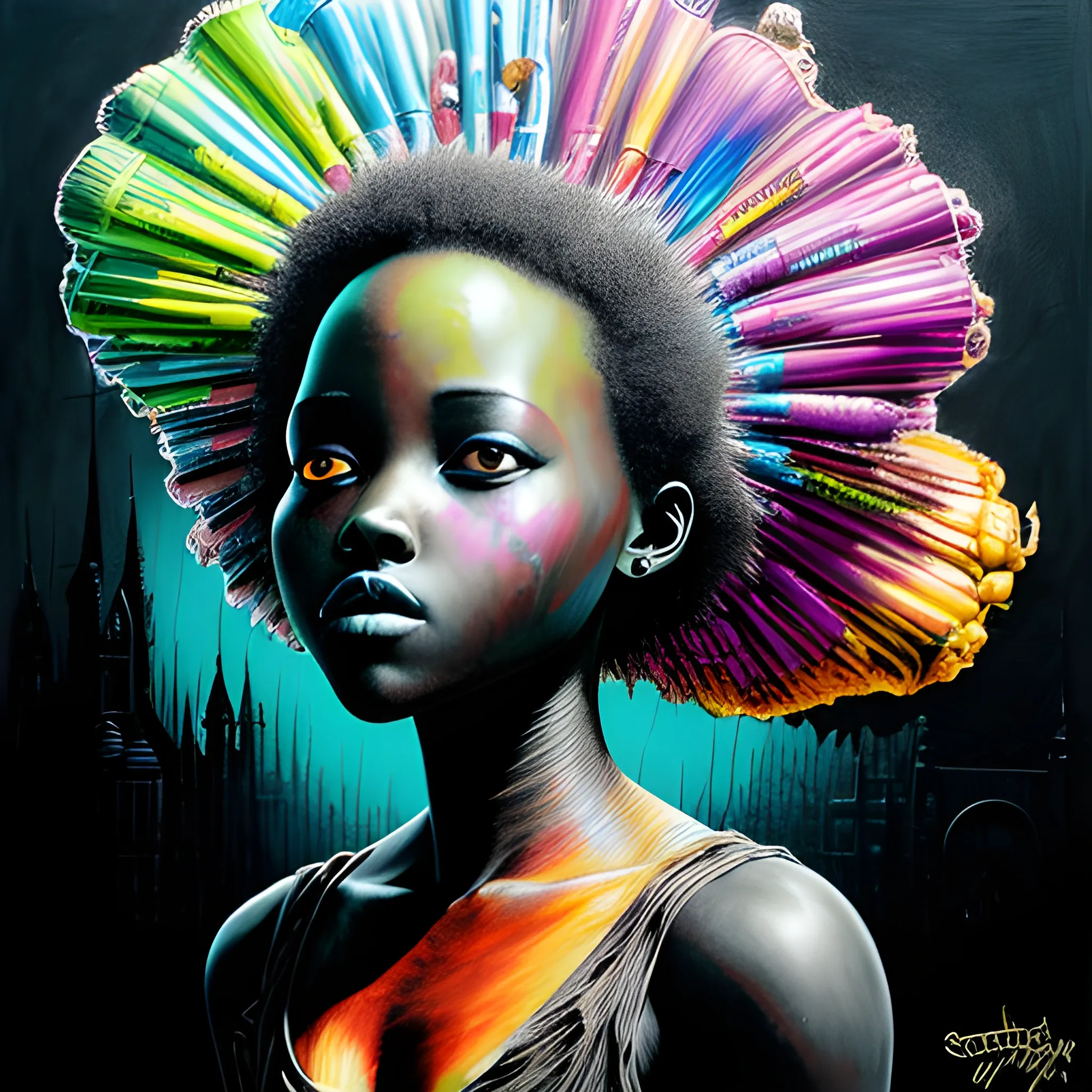  Masterpiece, scenic; Lupita Nyong'o; neon spray paint, acrylic paint, fantastical surrealist world, in the style of Stephen Gammell and Shawn Coss, extremely detailed, sick, gothic, eldritch, markers, crayons, oil pastels, mushroom cloud hair