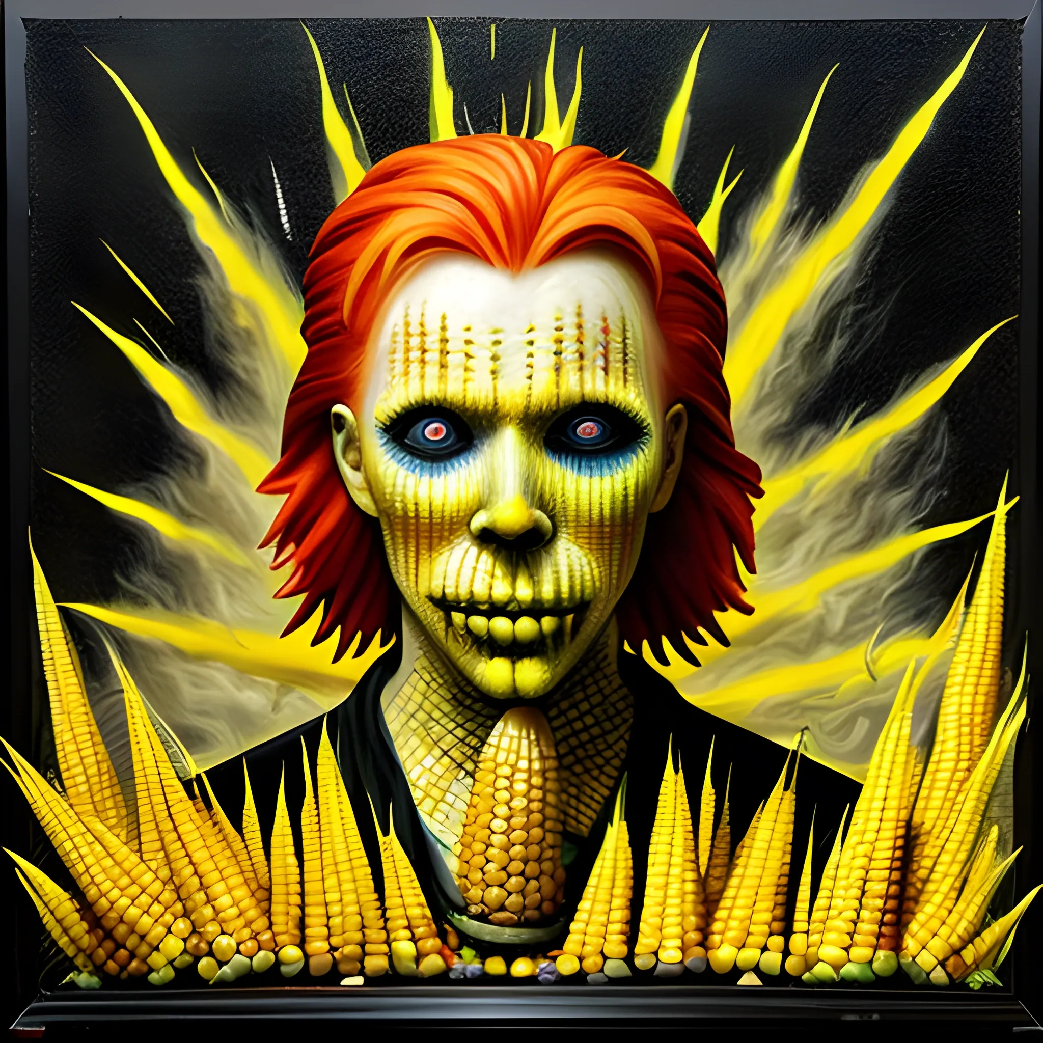  Masterpiece, scenic;  redhead Courtney Gains; neon spray paint, acrylic paint, fantastical surrealist world, corn cob, yellow corn; in the style of Stephen Gammell and Shawn Coss