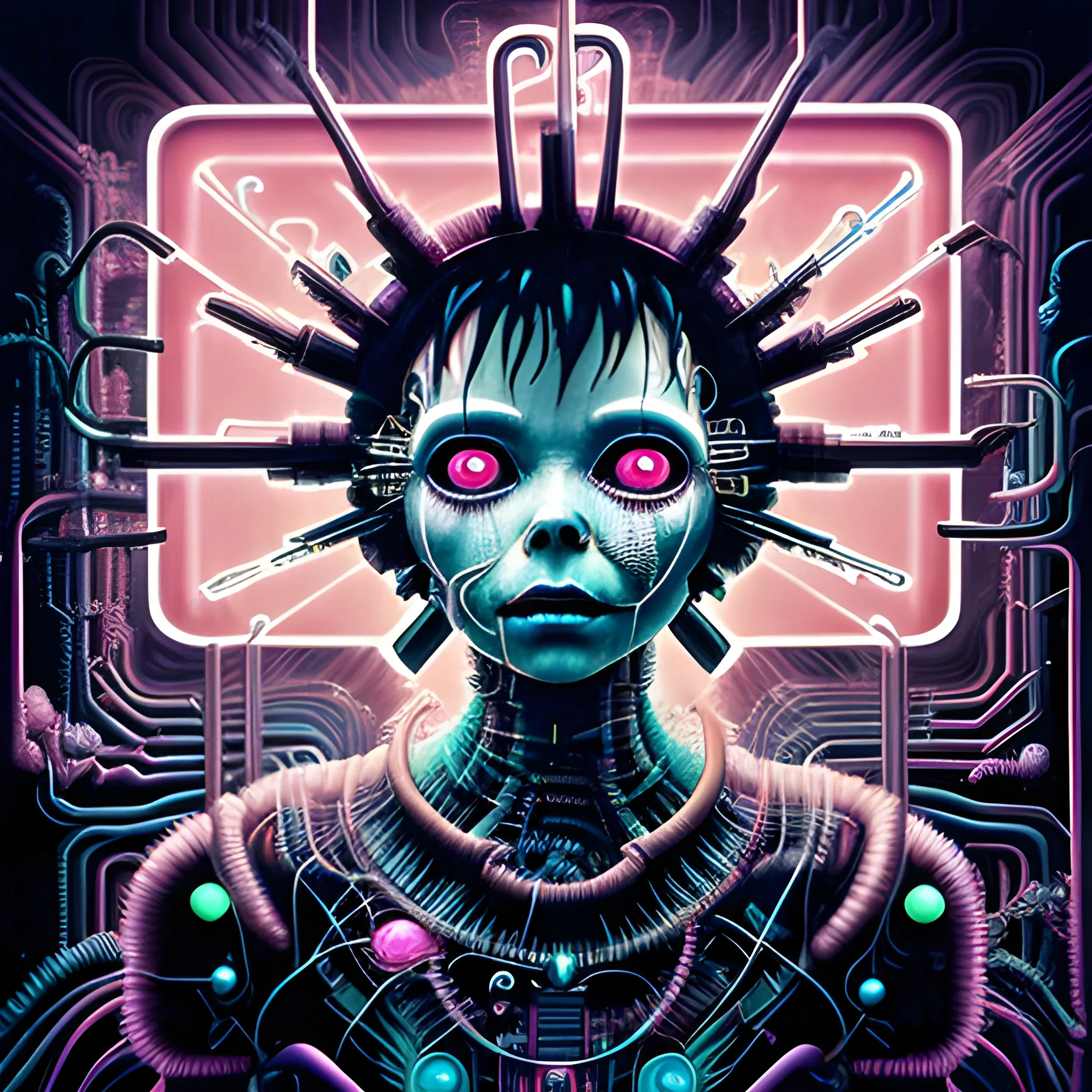  Masterpiece, scenic; Bjork; neon spray paint, acrylic paint, fantastical surrealist world, in the style of Stephen Gammell and Shawn Coss, extremely detailed, sick, gothic, eldritch: circuit board neon cyber ghost in the shell