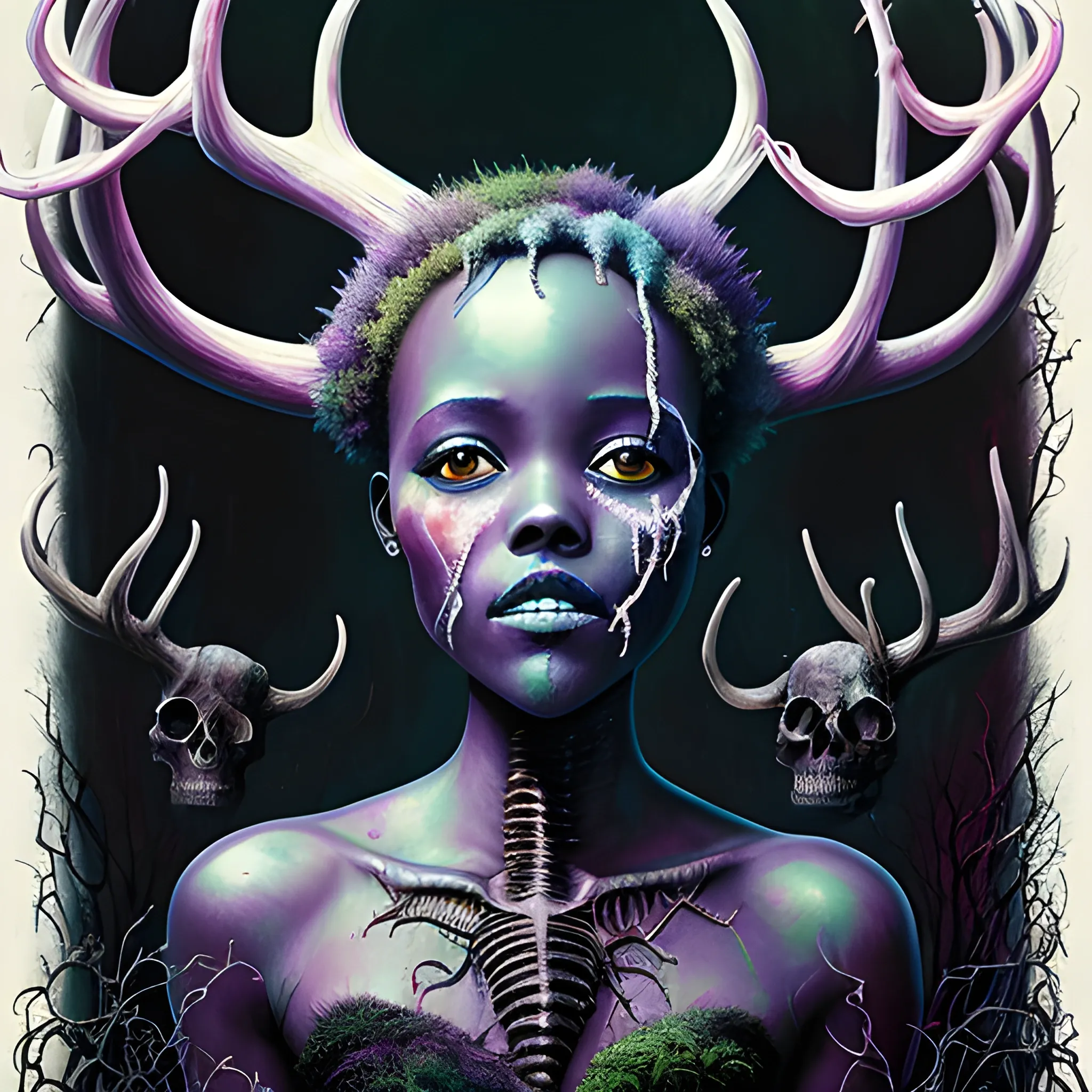  Masterpiece, scenic; Lupita Nyong'o; neon spray paint, acrylic paint, fantastical surrealist world, in the style of Stephen Gammell and Shawn Coss, extremely detailed, sick, gothic, eldritch, bones, skulls, moss, antlers