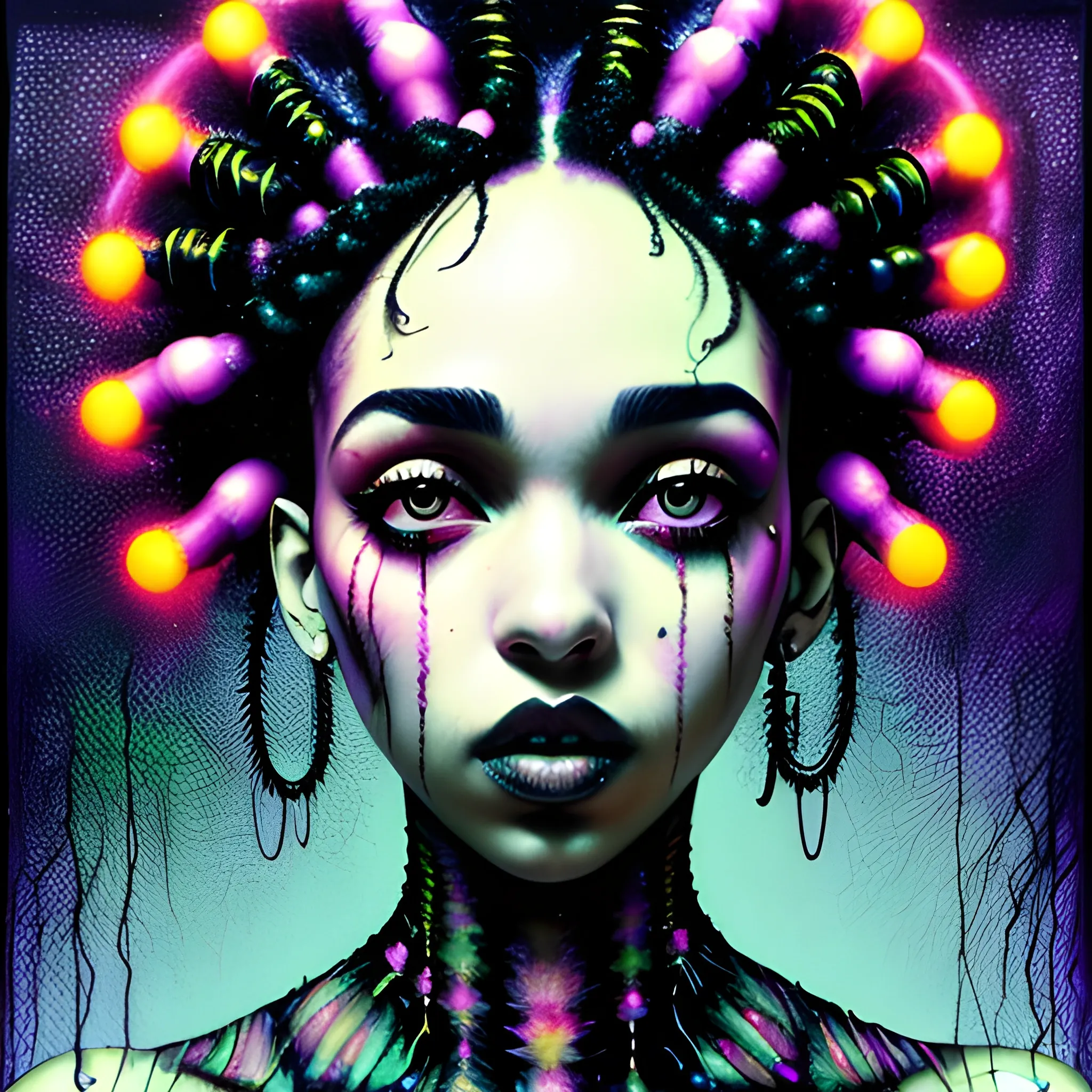  Masterpiece, scenic; FKA Twigs; neon spray paint, acrylic paint, fantastical surrealist world, in the style of Stephen Gammell and Shawn Coss, extremely detailed, sick, gothic, eldritch; extreme neon color, stars, glitter, sparkles