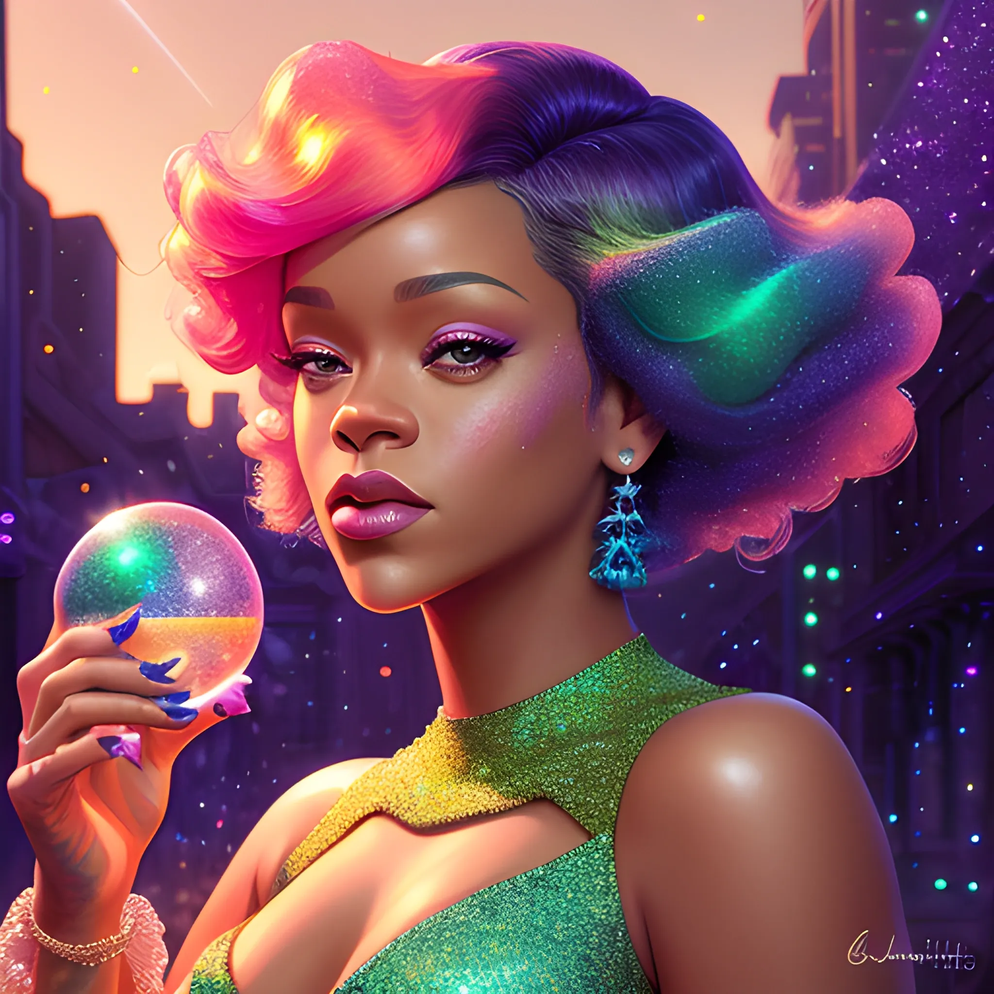 Rihanna / Ariana face morph Charlotte Ayanna, perfect, anatomically correct perfect body, highly detailed beautiful face, green midriff dress, meticulously detailed multi-hued long dark curly hair, holding a purple ball in her hand; digital painting, smooth, sharp focus, colorful illustration, art by Lisa Frank, James R. Eads, artgerm and Maxfield Parrish; luminous color sparkles, glitter, neon, airbrush, Unreal Engine 5, Fausto-Giurescu, Tania Rivilis, Dan Mumford; luminous colorful sparkles, glitter, airbrush, depth of field, volumetric lighting, downtown