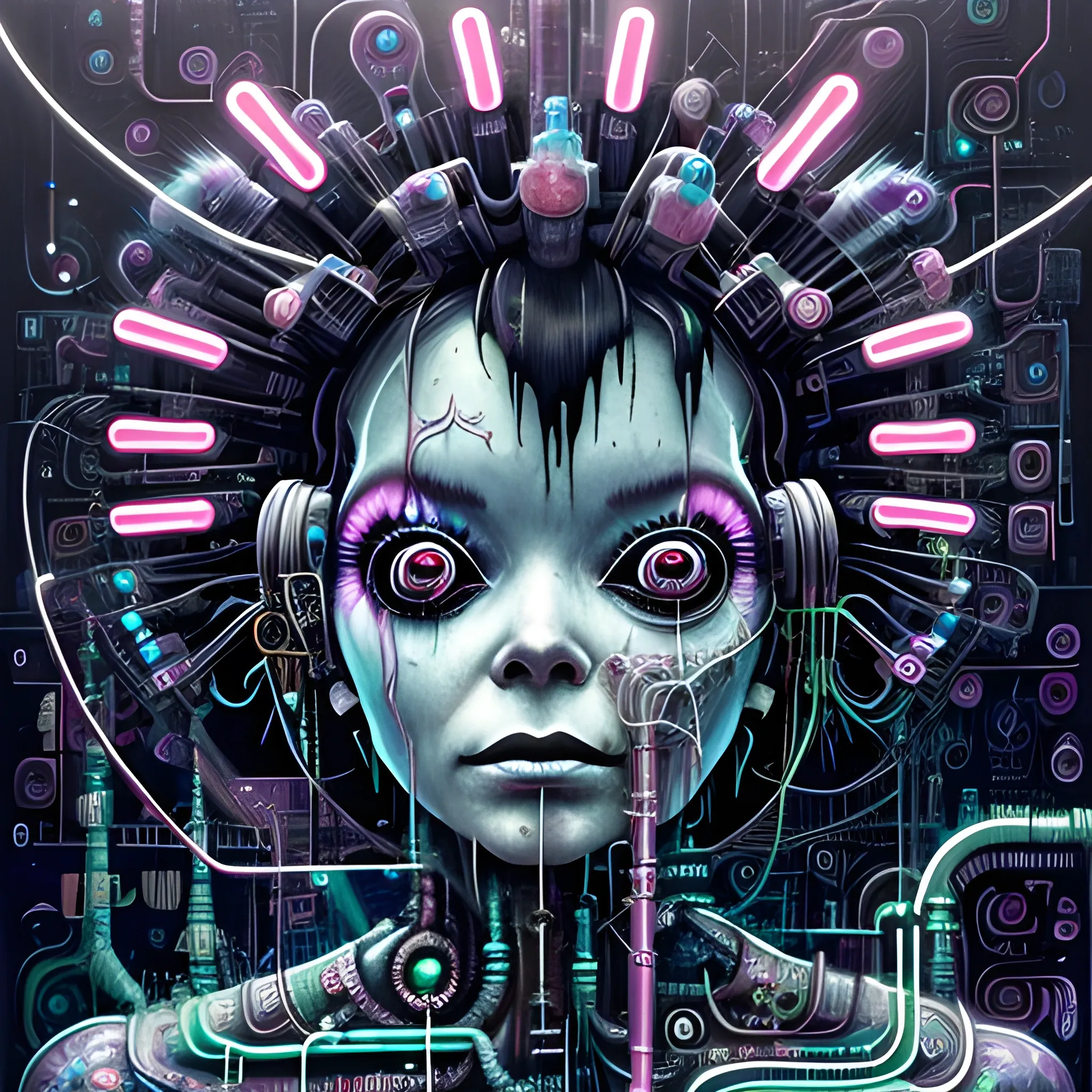  Masterpiece, scenic; Bjork; neon spray paint, acrylic paint, fantastical surrealist world, in the style of Stephen Gammell and Shawn Coss, extremely detailed, sick, gothic, eldritch: circuit board neon cyber ghost in the shell