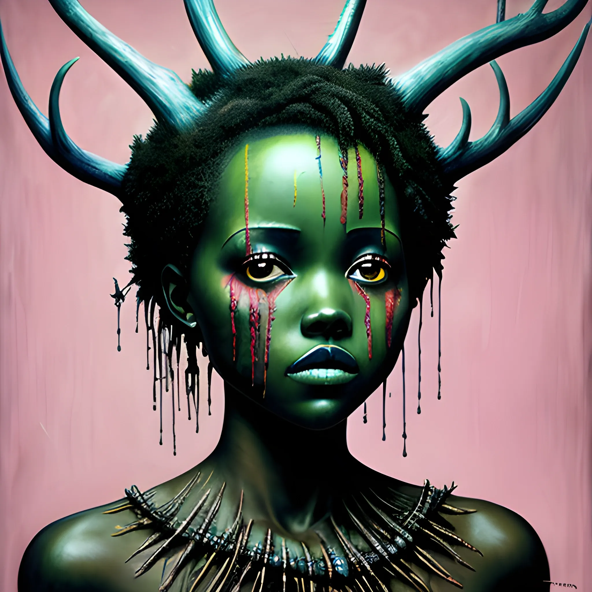  Masterpiece, scenic; Lupita Nyong'o; neon spray paint, acrylic paint, fantastical surrealist world, in the style of Stephen Gammell and Shawn Coss, extremely detailed, sick, gothic, eldritch, bones, skulls, moss, antlers