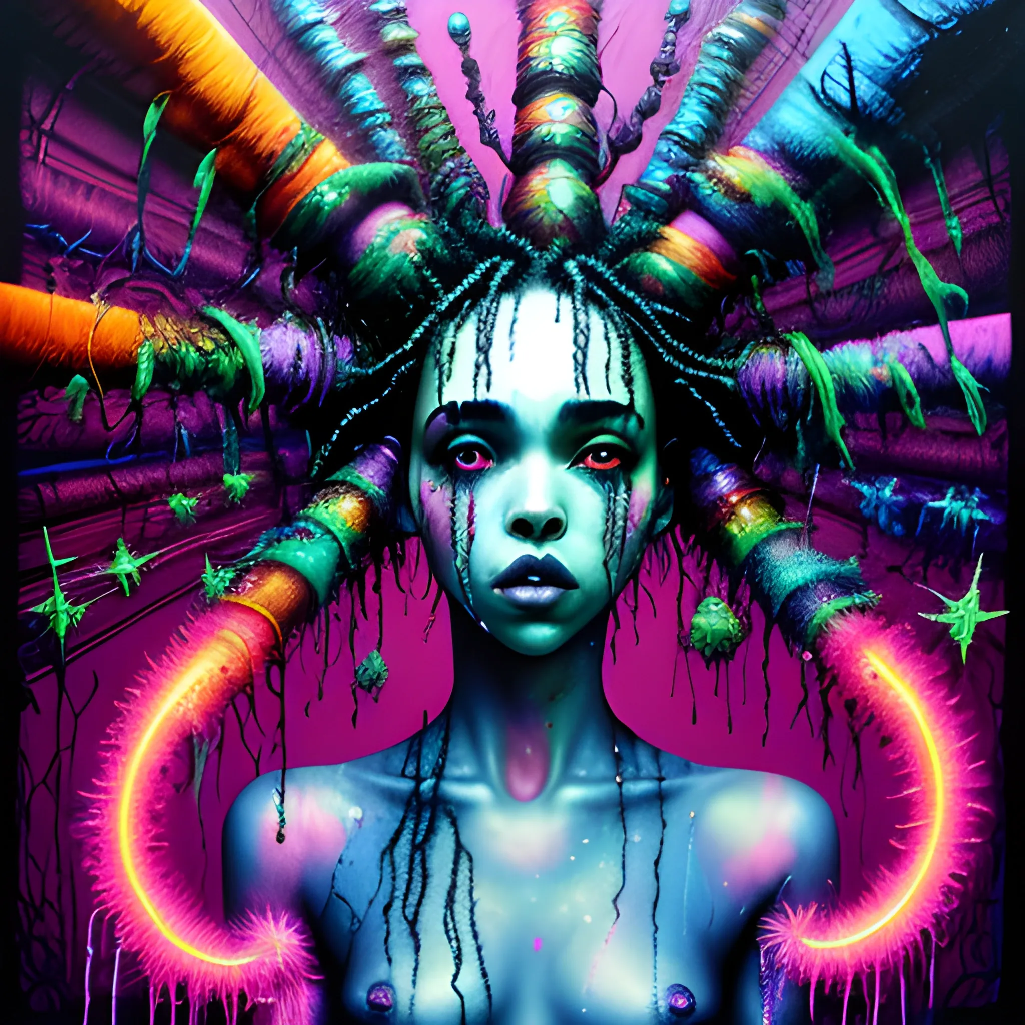  Masterpiece, scenic; FKA Twigs; neon spray paint, acrylic paint, fantastical surrealist world, in the style of Stephen Gammell and Shawn Coss, extremely detailed, sick, gothic, eldritch; extreme neon color, stars, glitter, sparkles