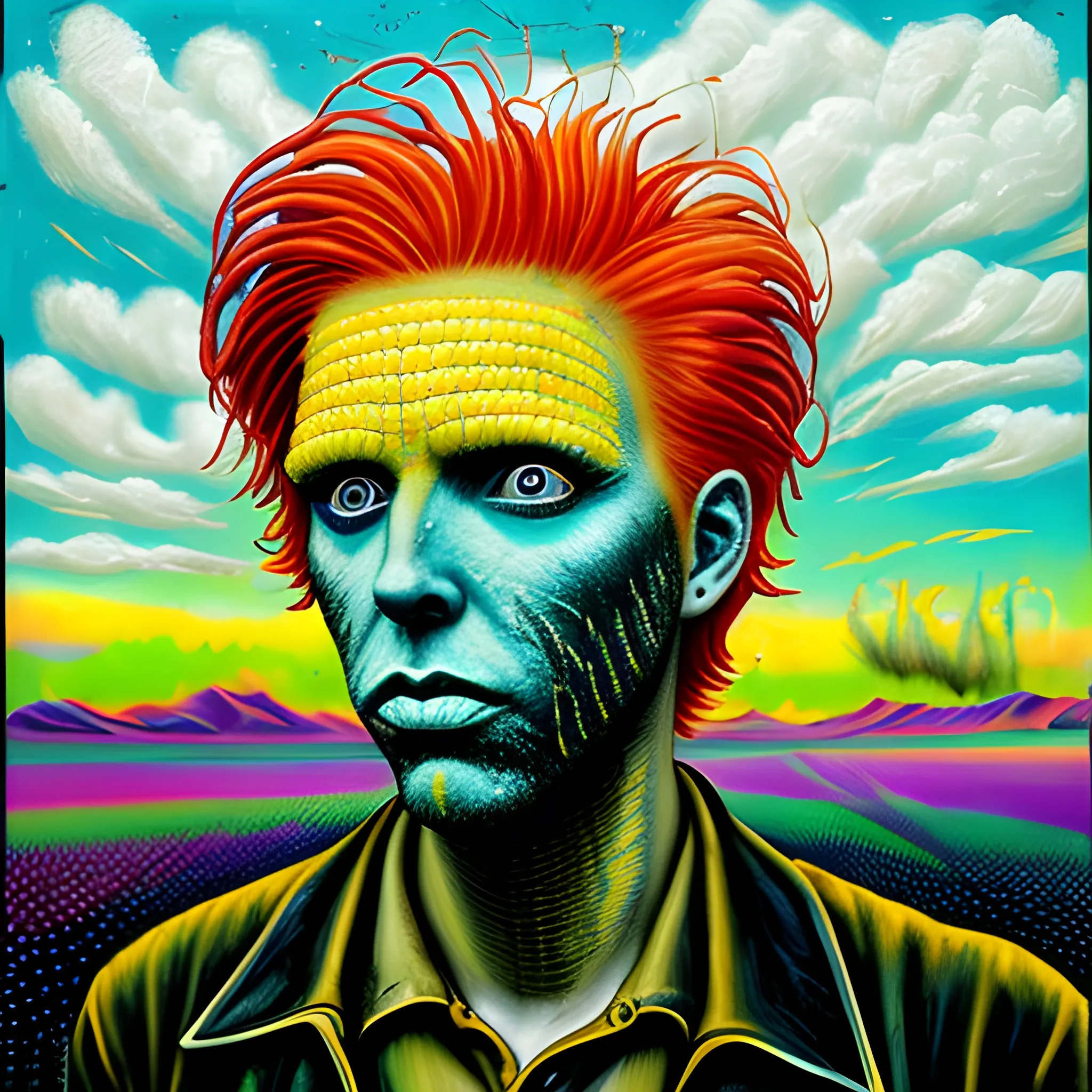  Masterpiece, scenic;  redhead Courtney Gains; neon spray paint, acrylic paint, fantastical surrealist world, yellow corn; in the style of Stephen Gammell and Shawn Coss