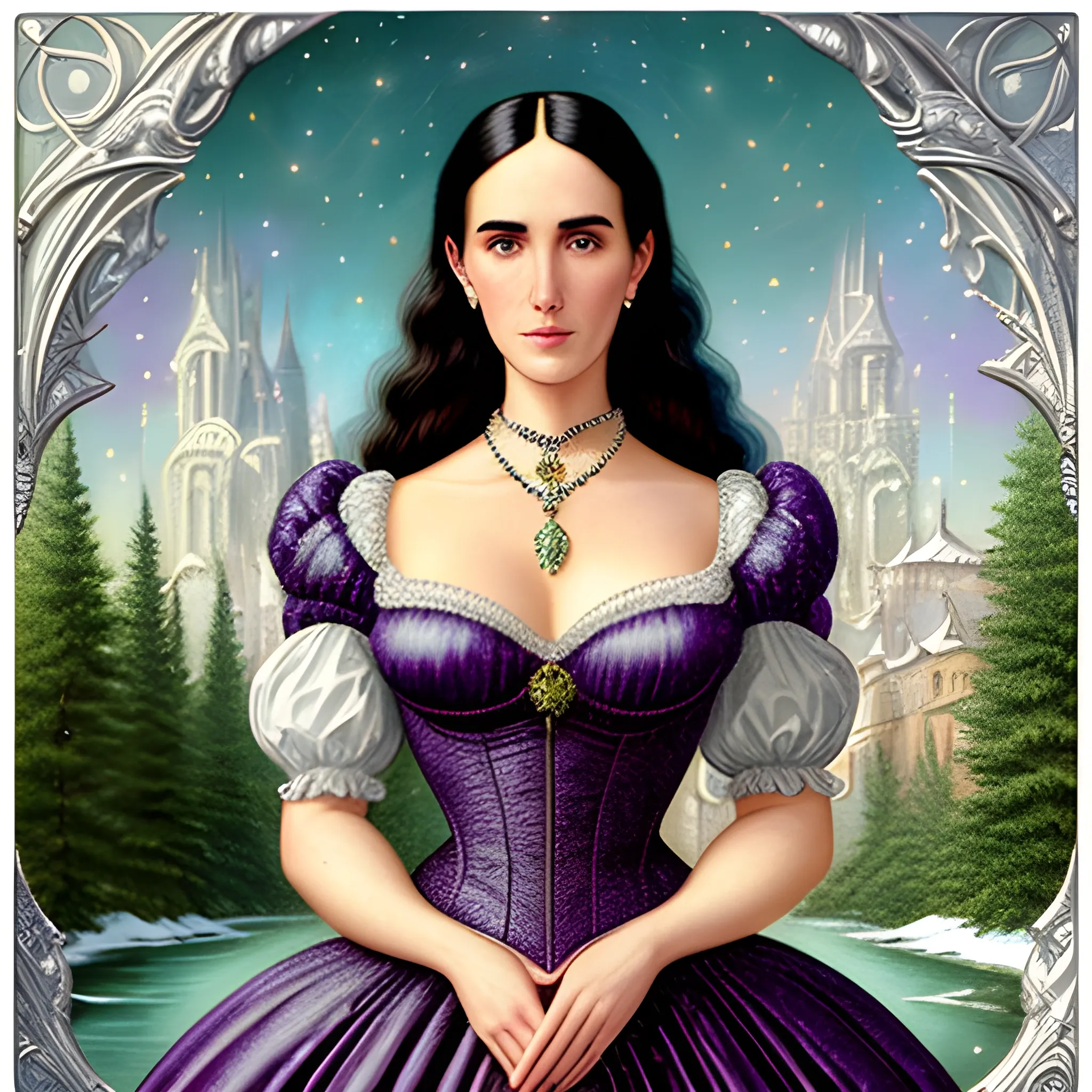 Lilac Princess, full body shot; Jennifer Connelly / Rachel Leigh Cook face morph wears a lavender sequined dress. She has long, sleek black hair, and stands in front of snow-covered pine trees and an icy river. Her features are symmetrical, lovely, and anatomically correct. She wears amethyst jewelry. Lips are soft, in a slight smile; behind her a cityscape, and full smooth moon in a nebula sky, clouds; fantasy, Vintage Art, 16k resolution, intricately detailed, Renaissance, Chromolithography Soft Shading; ethereal fantasy, realistic oil painting. Victorian era, glitter, old fashioned, vintage, antique, renaissance, gothic, eldritch, highly intricate, sophisticated and complex digital painting, concept art, hyperrealism, Cinema 4D, 8k resolution, 64 megapixels, CGSociety, ZBrushCentral, behance HD, hypermaximalist, parallax
