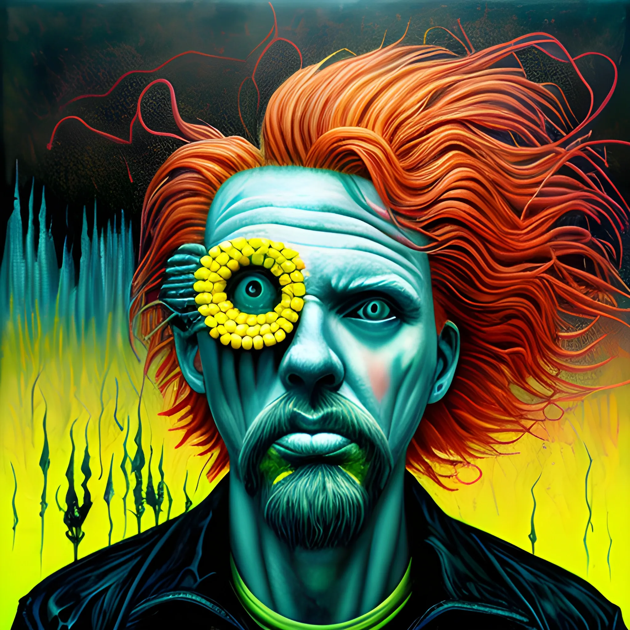  Masterpiece, scenic;  redhead Courtney Gains; neon spray paint, acrylic paint, fantastical surrealist world, yellow corn; in the style of Stephen Gammell and Shawn Coss