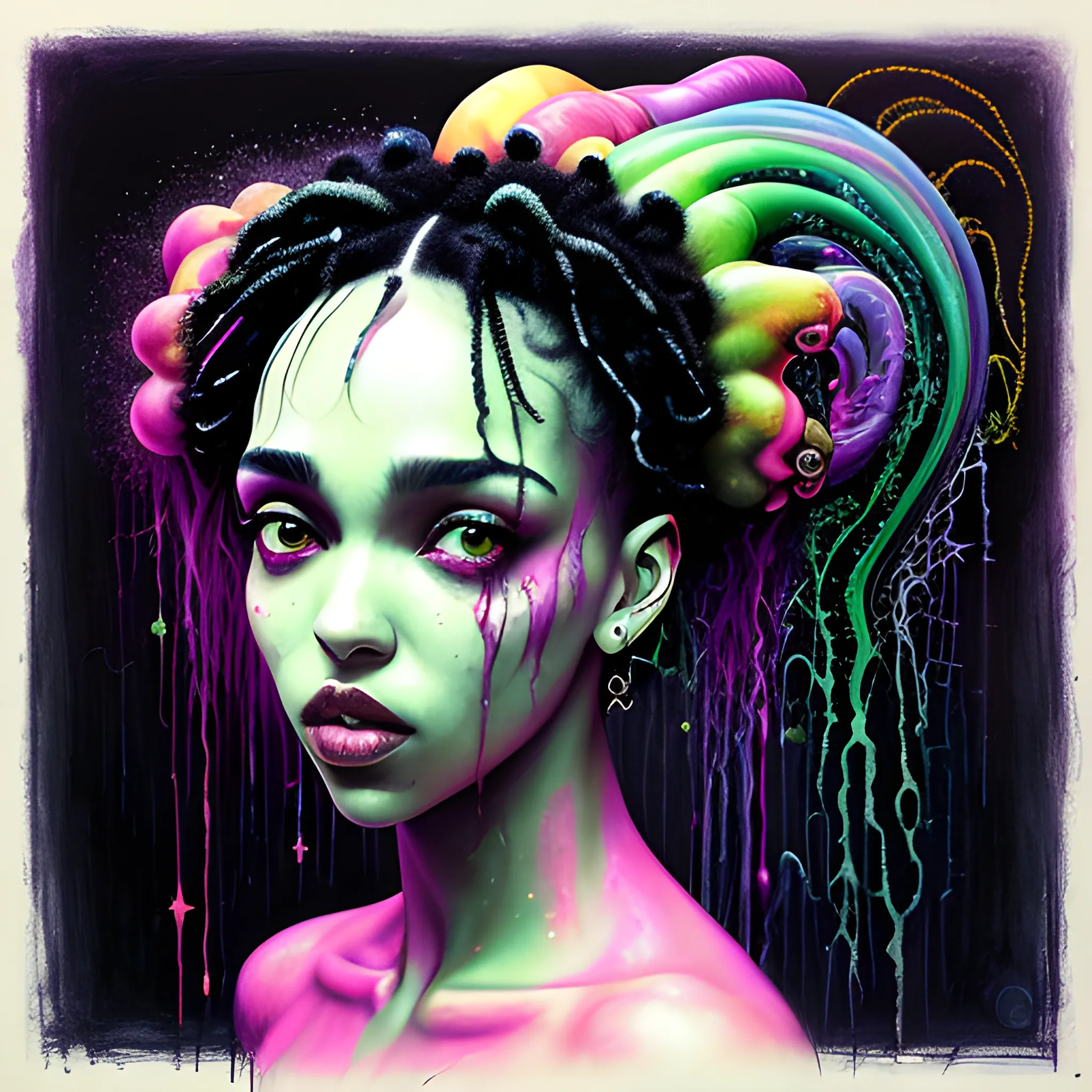  Masterpiece, scenic; FKA Twigs; neon spray paint, acrylic paint, fantastical surrealist world, in the style of Stephen Gammell and Shawn Coss, extremely detailed, sick, gothic, eldritch; extreme neon color, stars, glitter, sparkles