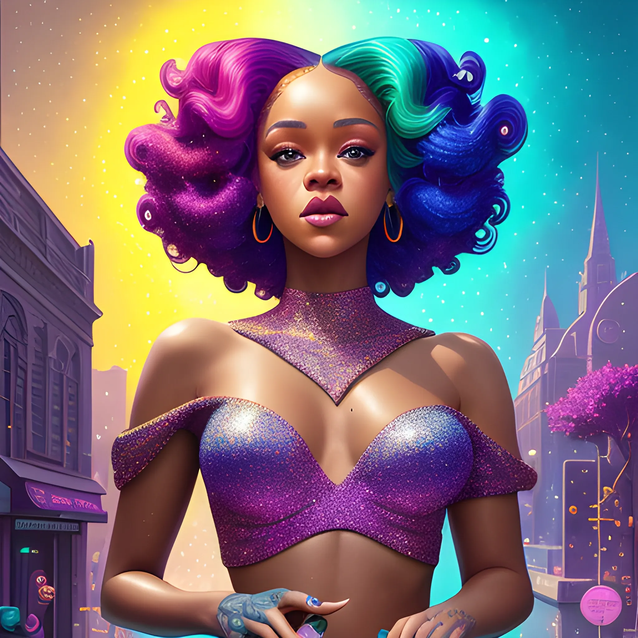 Rihanna / Ariana face morph Charlotte Ayanna, perfect, anatomically correct perfect body, highly detailed beautiful face, green midriff dress, meticulously detailed multi-hued long dark curly hair, holding a purple ball in her hand; digital painting, smooth, sharp focus, colorful illustration, art by Lisa Frank, James R. Eads, artgerm and Maxfield Parrish; luminous color sparkles, glitter, neon, airbrush, Unreal Engine 5, Fausto-Giurescu, Tania Rivilis, Dan Mumford; luminous colorful sparkles, glitter, airbrush, depth of field, volumetric lighting, downtown