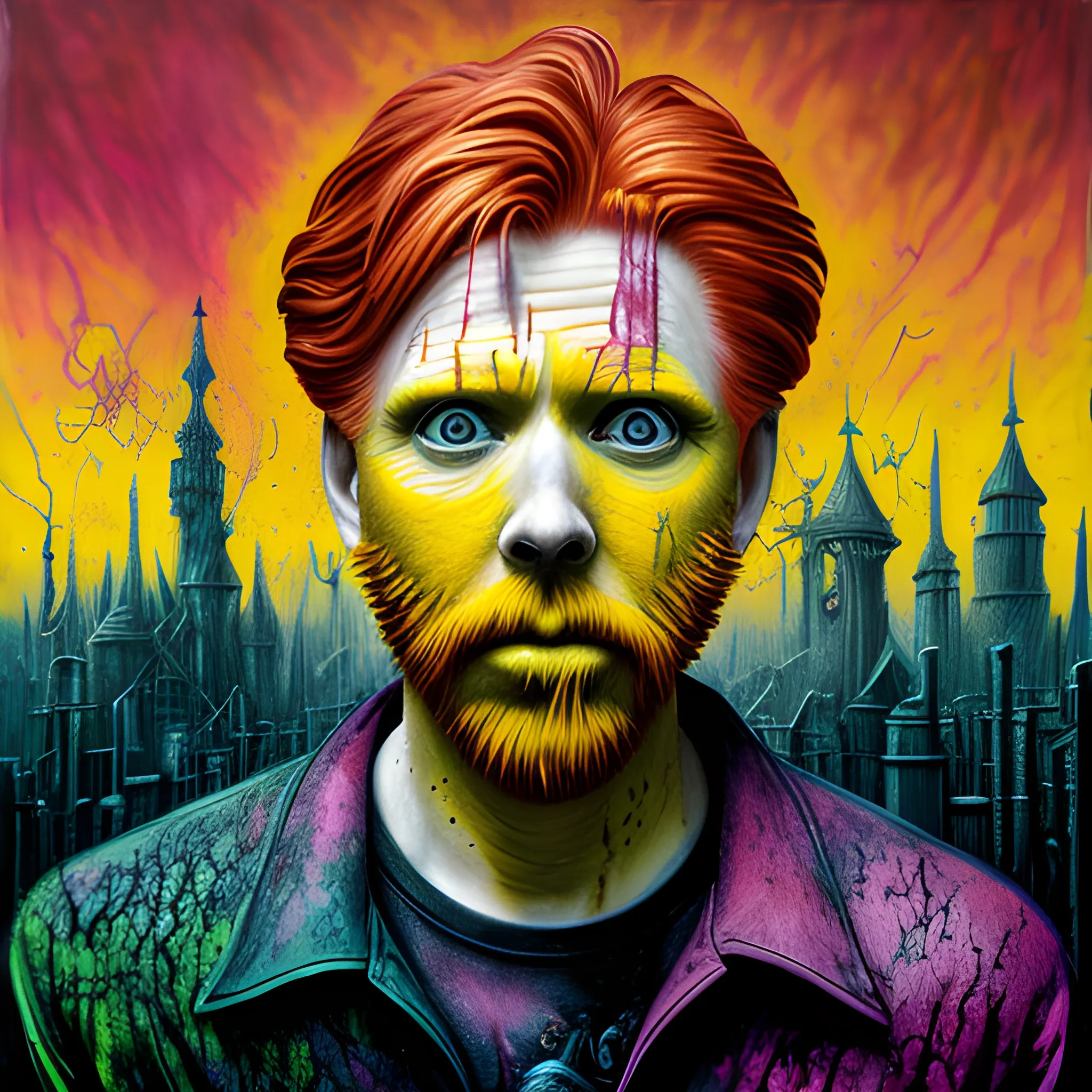  Masterpiece, scenic;  redhead Courtney Gains; neon spray paint, acrylic paint, fantastical surrealist world, yellow corn; in the style of Stephen Gammell and Shawn Coss