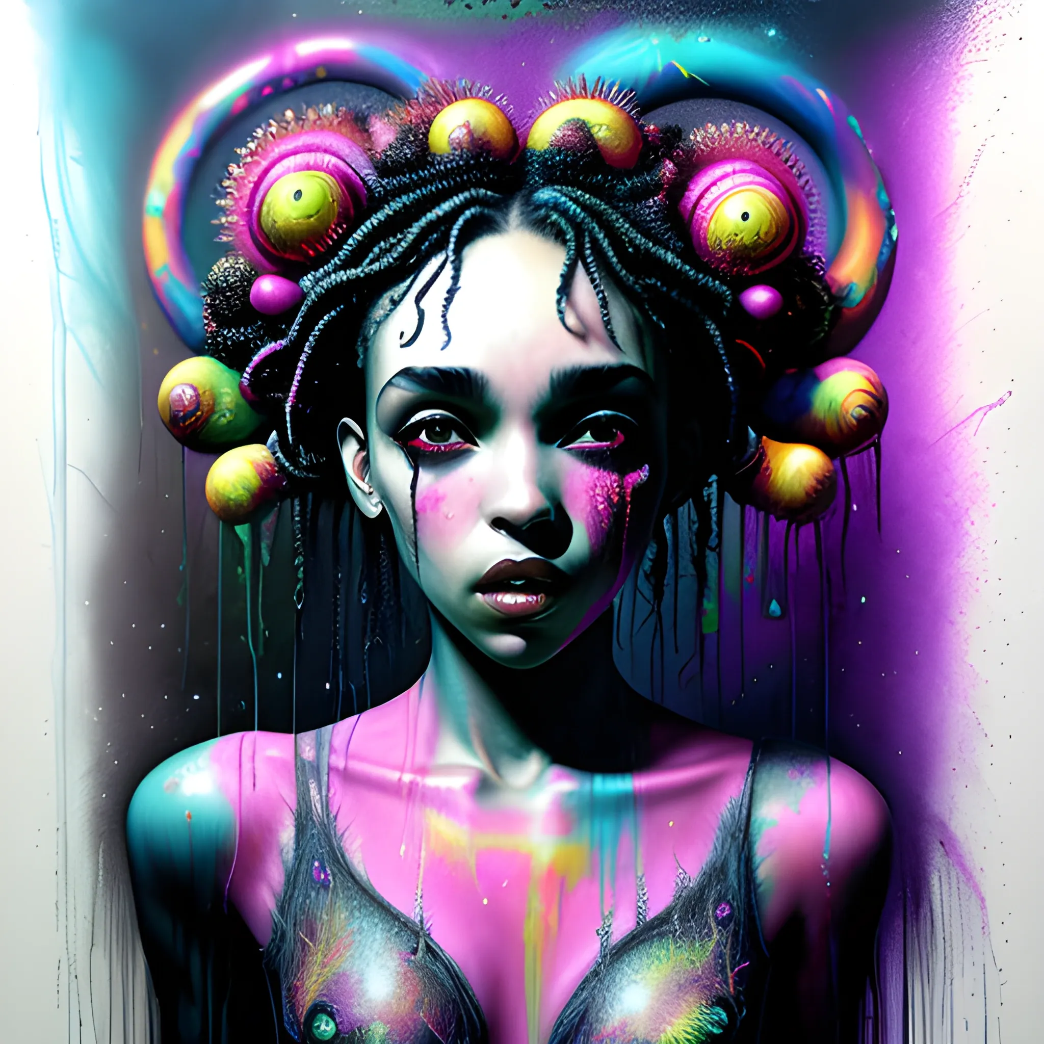  Masterpiece, scenic; FKA Twigs; neon spray paint, acrylic paint, fantastical surrealist world, in the style of Stephen Gammell and Shawn Coss, extremely detailed, sick, gothic, eldritch; extreme neon color, stars, glitter, sparkles