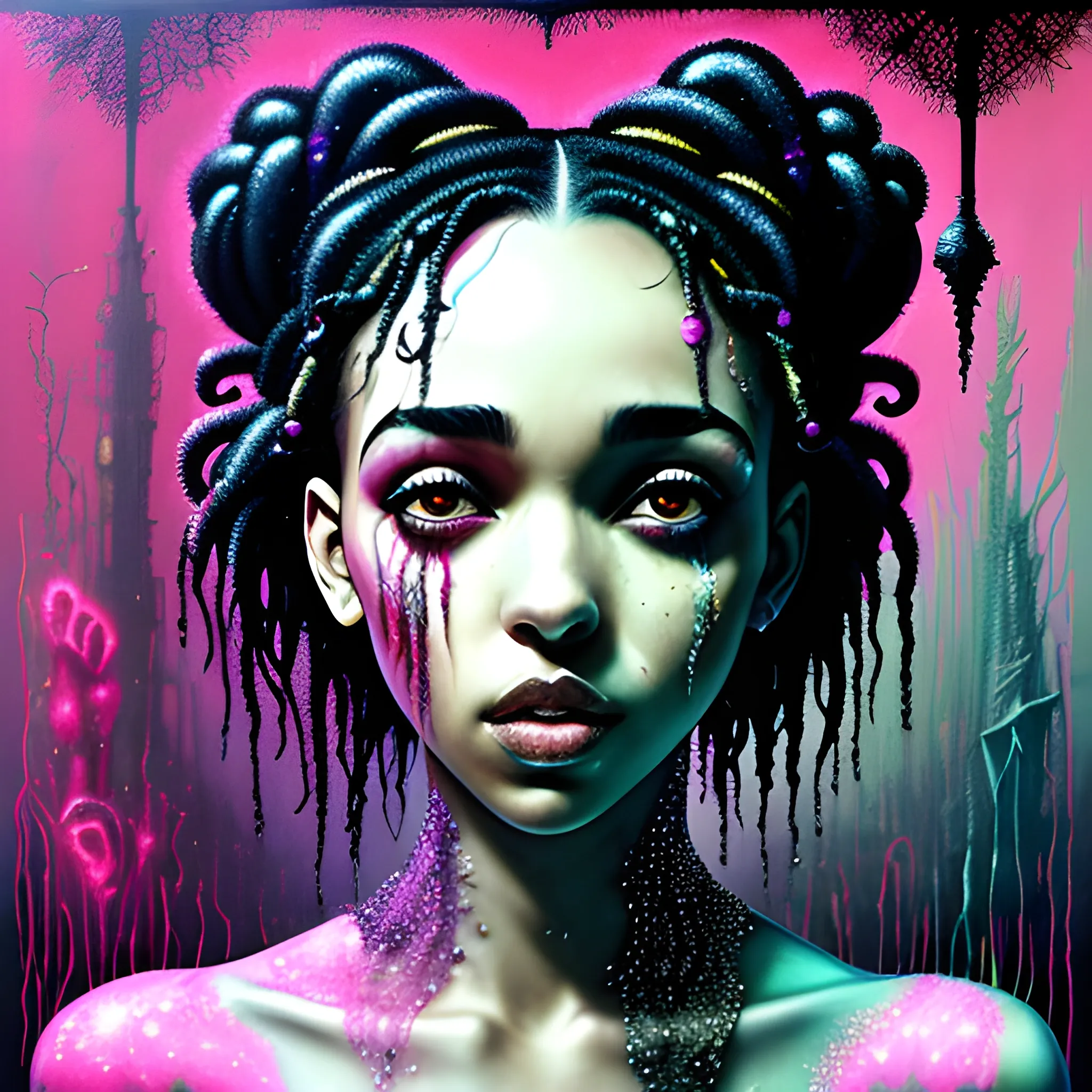  Masterpiece, scenic; FKA Twigs; neon spray paint, acrylic paint, fantastical surrealist world, in the style of Stephen Gammell and Shawn Coss, extremely detailed, sick, gothic, eldritch; extreme neon color, stars, glitter, sparkles