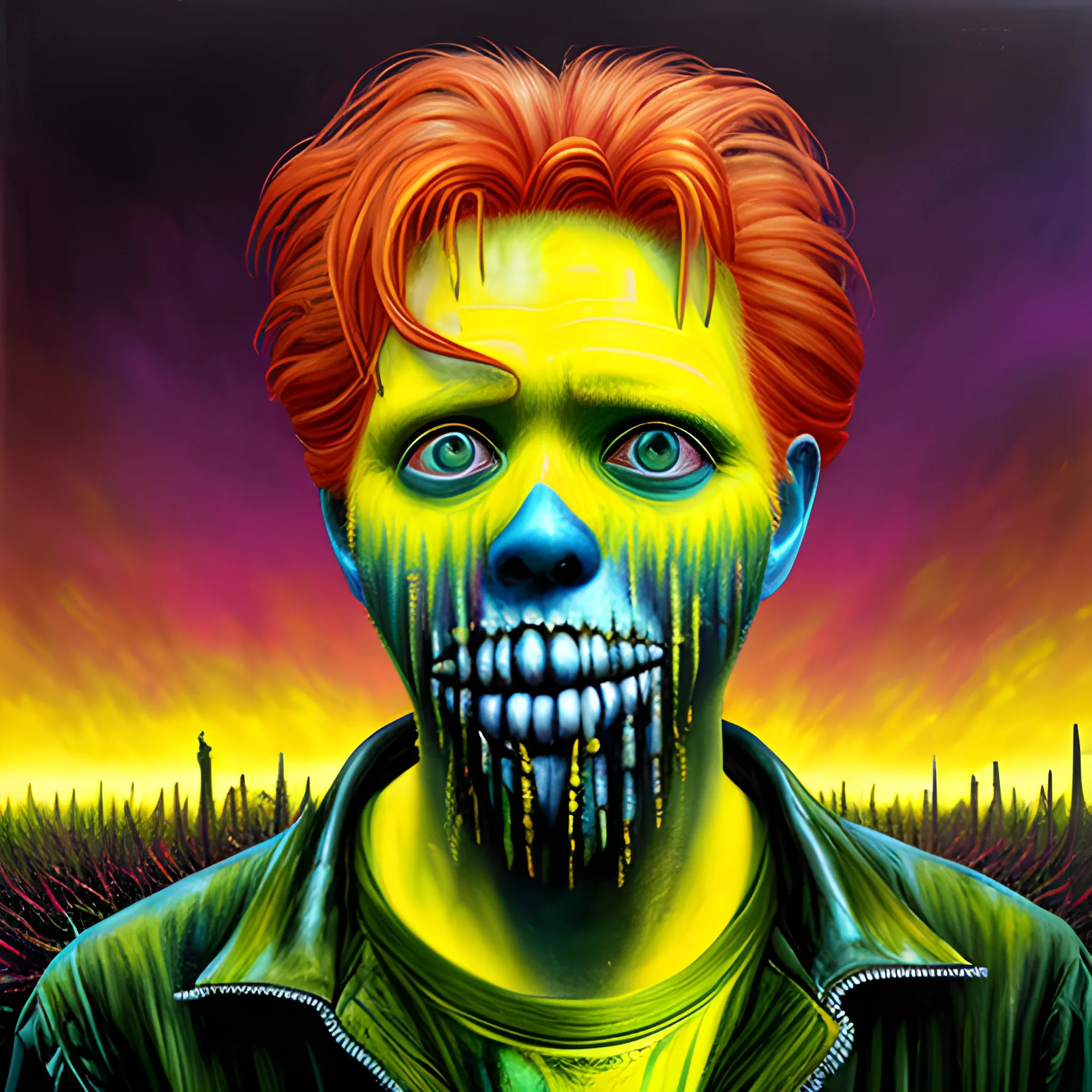  Masterpiece, scenic;  redhead Courtney Gains; neon spray paint, acrylic paint, fantastical surrealist world, yellow corn; in the style of Stephen Gammell and Shawn Coss