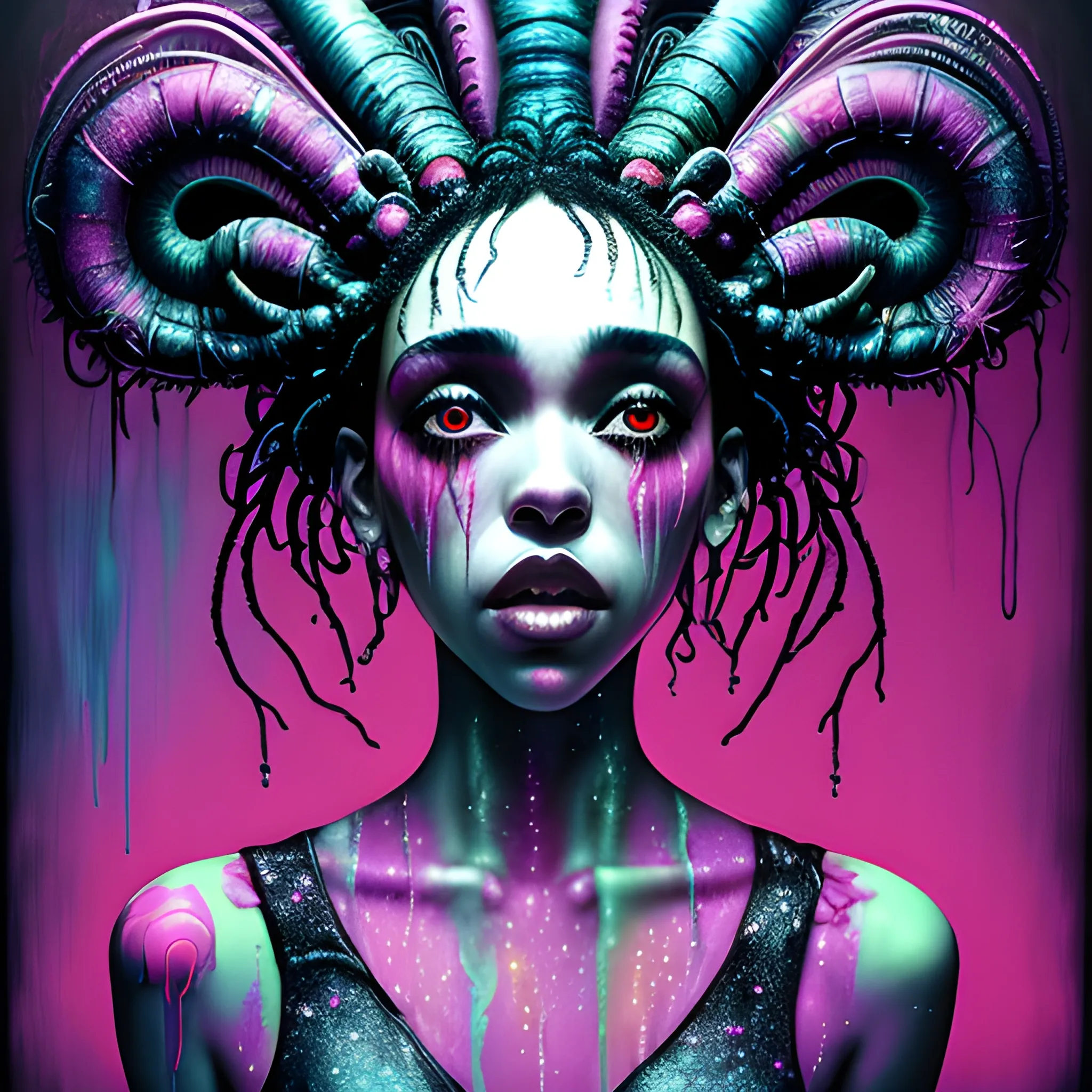  Masterpiece, scenic; FKA Twigs; neon spray paint, acrylic paint, fantastical surrealist world, in the style of Stephen Gammell and Shawn Coss, extremely detailed, sick, gothic, eldritch; extreme neon color, stars, glitter, sparkles