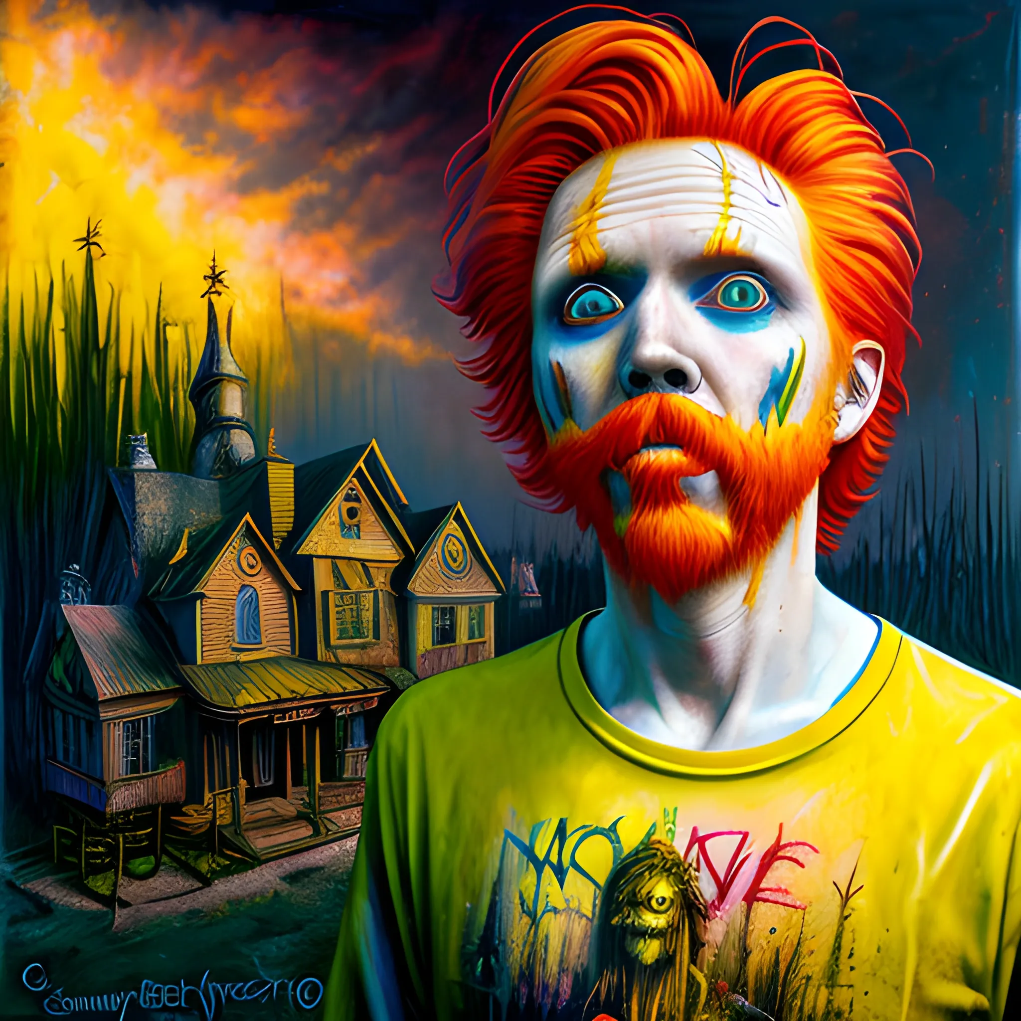  Masterpiece, scenic;  redhead Courtney Gains; neon spray paint, acrylic paint, fantastical surrealist world, yellow corn; in the style of Stephen Gammell and Shawn Coss