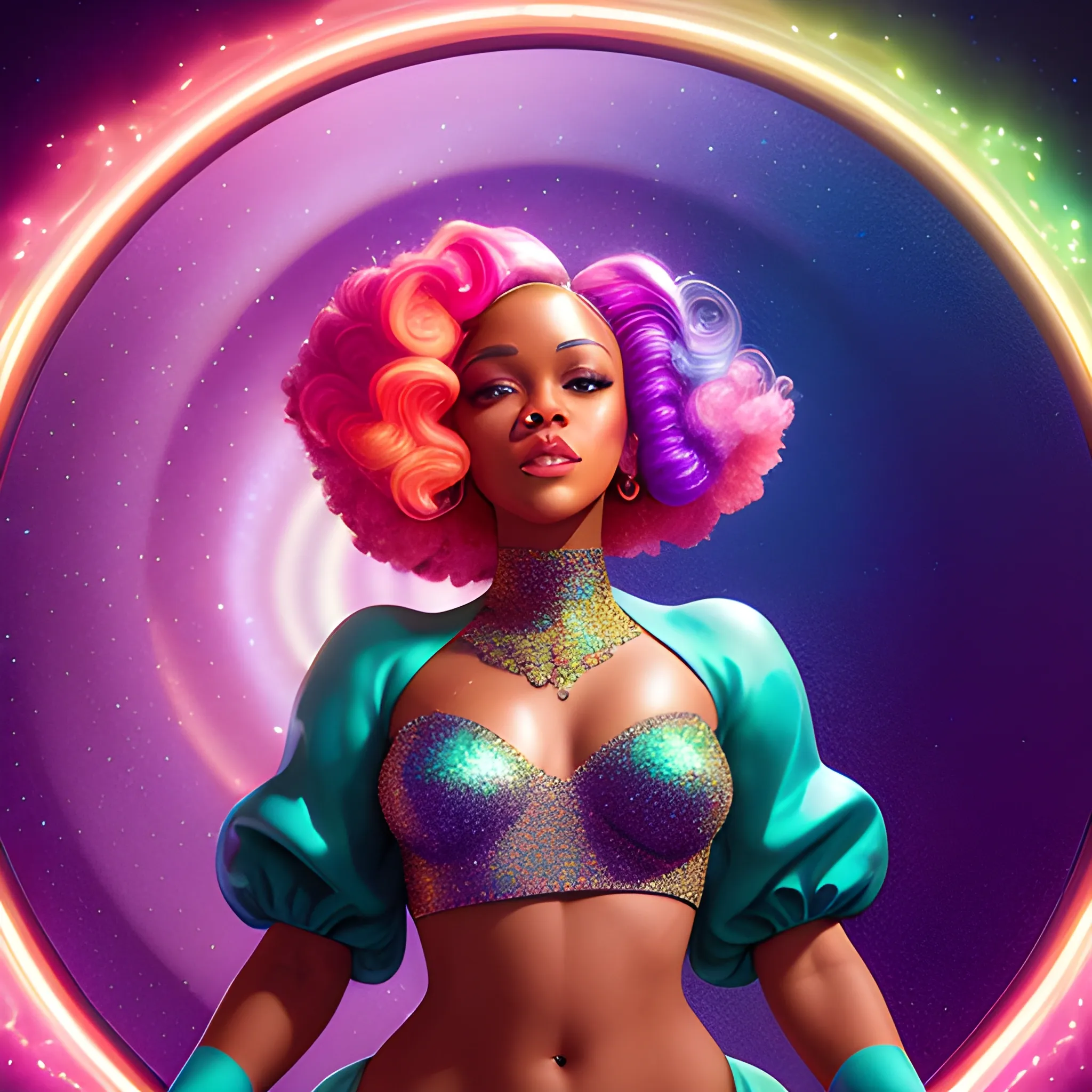 Rihanna / Ariana face morph Charlotte Ayanna, perfect, anatomically correct perfect body, highly detailed beautiful face, green midriff dress, meticulously detailed multi-hued long dark curly hair, holding a purple ball in her hand; digital painting, smooth, sharp focus, colorful illustration, art by Lisa Frank, James R. Eads, artgerm and Maxfield Parrish; luminous color sparkles, glitter, neon, airbrush, Unreal Engine 5, Fausto-Giurescu, Tania Rivilis, Dan Mumford; luminous colorful sparkles, glitter, airbrush, depth of field, volumetric lighting, downtown