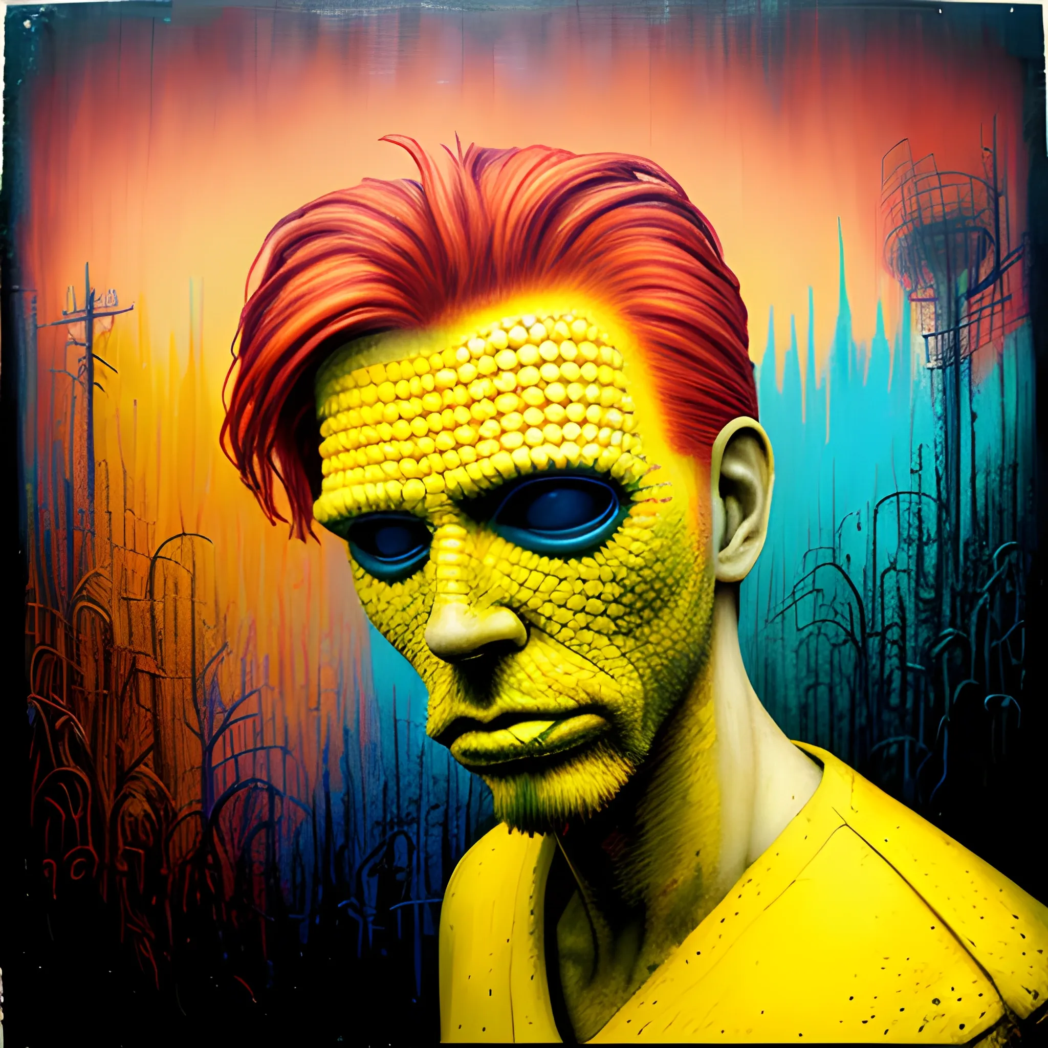  Masterpiece, scenic;  redhead Courtney Gains; neon spray paint, acrylic paint, fantastical surrealist world, yellow corn; in the style of Stephen Gammell and Shawn Coss