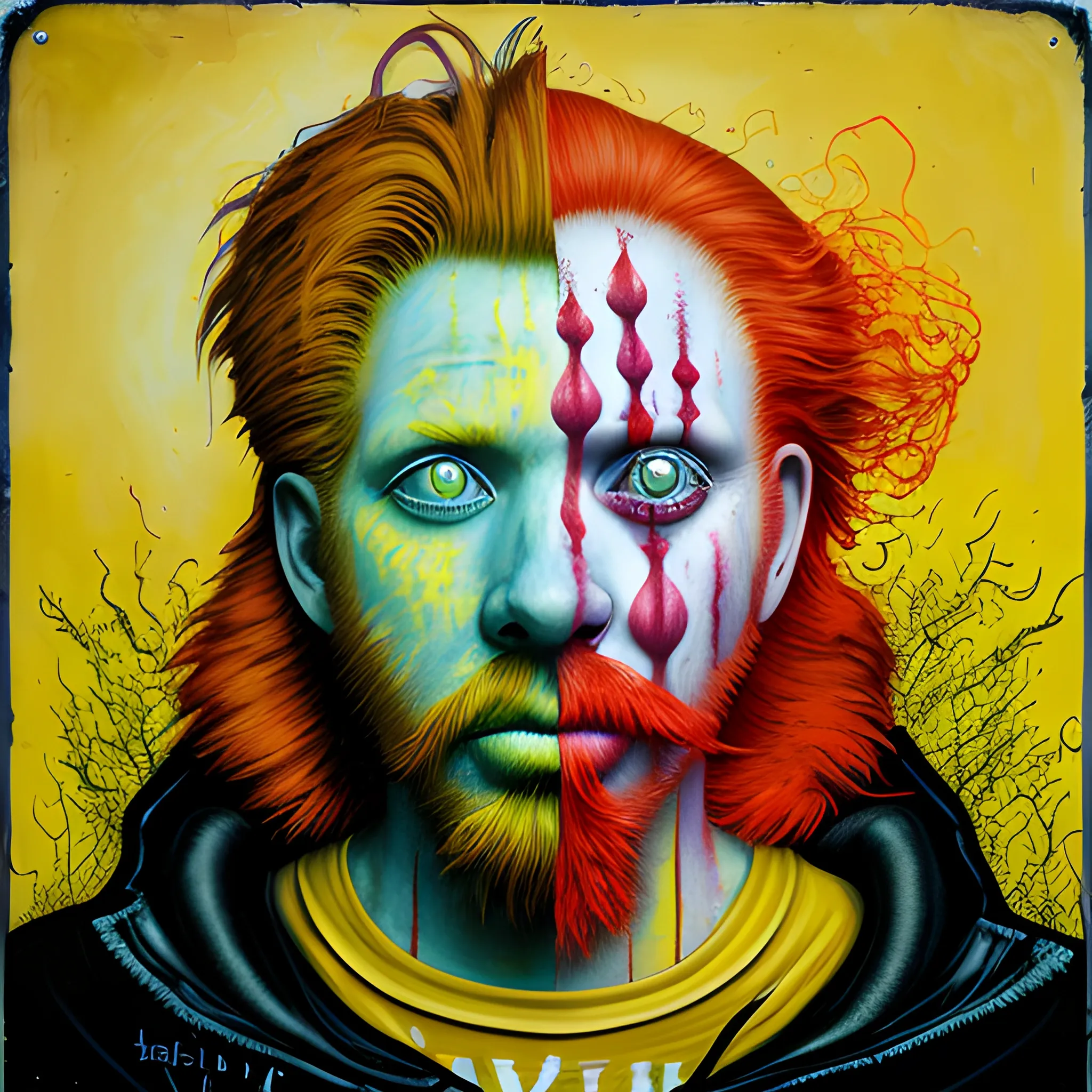  Masterpiece, scenic;  redhead Courtney Gains; neon spray paint, acrylic paint, fantastical surrealist world, yellow corn; in the style of Stephen Gammell and Shawn Coss