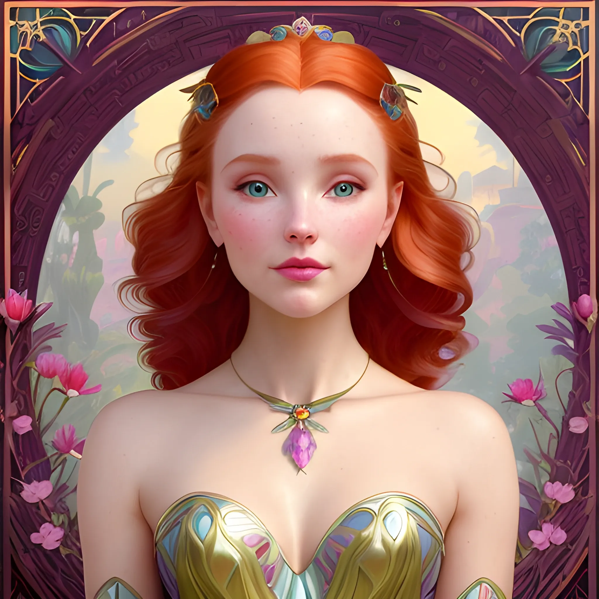 Elsa Hosk / Dove Cameron / Robyn Lively / Amanda Holden  face morph; beautiful twins at a lotus pond; red hair, gold-hazel eyes; highly detailed beautiful faces; glitter, renaissance; high contrast, pastel, sorbet, pearlescent, Unreal Engine 5; by Dan Parent, Alphonse Mucha, Artgerm, WLOP, intricately detailed, fantasy, bizarre, beautiful, Chromolithography, Soft Shading, Unreal Engine; digital painting, smooth, sharp focus, illustration, art by lisa frank, Steve Goad, Frank Frazetta, William-Adolphe Bouguereau, Unreal Engine 5, Cartoon, 3D, Oil Painting; dark red hair