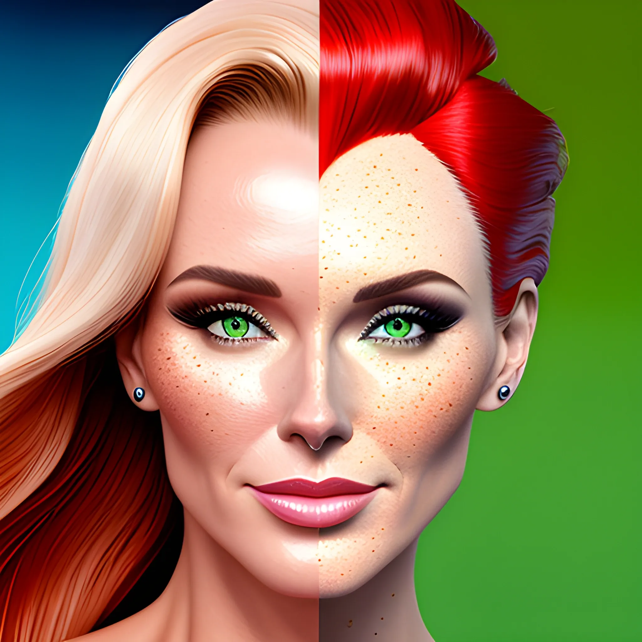 Amanda Holden / Shanina Shaik / Elsa Hosk face morph, 3D, red hair, green eyes, freckles, 90's mall background, 3D, Oil Painting