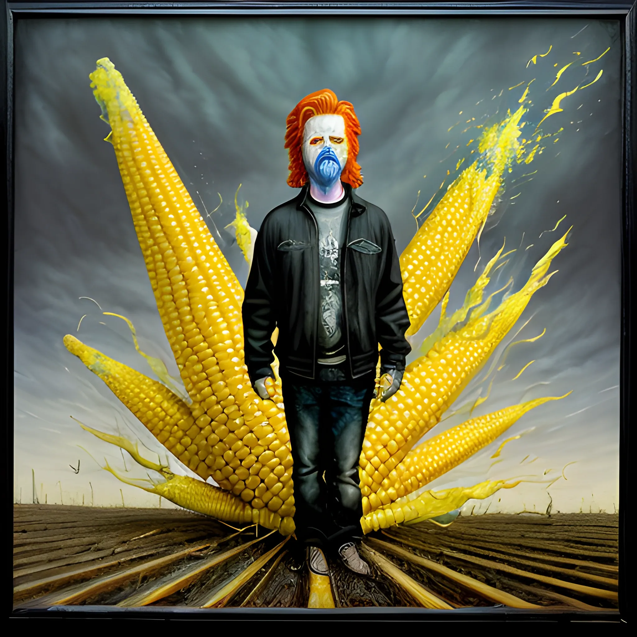  Masterpiece, scenic;  redhead Courtney Gains; neon spray paint, acrylic paint, fantastical surrealist world, yellow corn; in the style of Stephen Gammell and Shawn Coss