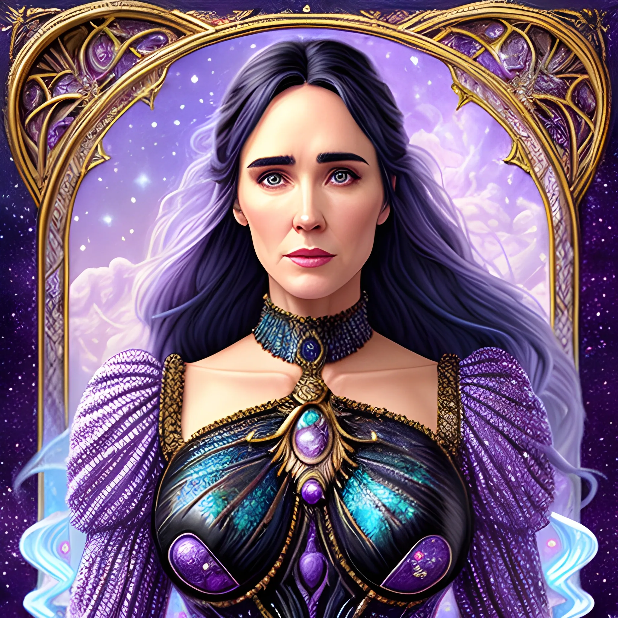 Lilac Princess, full body shot; Jennifer Connelly / Lea Thompson face morph wears a lavender sequined dress. She has long, sleek black hair, and stands in front of snow-covered pine trees and an icy river, holding a purple ball in her hand; Her features are symmetrical, lovely, and anatomically correct. She wears amethyst jewelry. Lips are soft, in a slight smile; behind her a cityscape, and full smooth moon in a nebula sky, clouds; fantasy, Vintage Art, 16k resolution, intricately detailed, Renaissance, Chromolithography Soft Shading; ethereal fantasy, realistic oil painting. Victorian era, glitter, old fashioned, vintage, antique, renaissance, gothic, eldritch, highly intricate, sophisticated and complex digital painting, concept art, hyperrealism, Cinema 4D, 8k resolution, 64 megapixels, CGSociety, ZBrushCentral, behance HD, hypermaximalist, parallax
