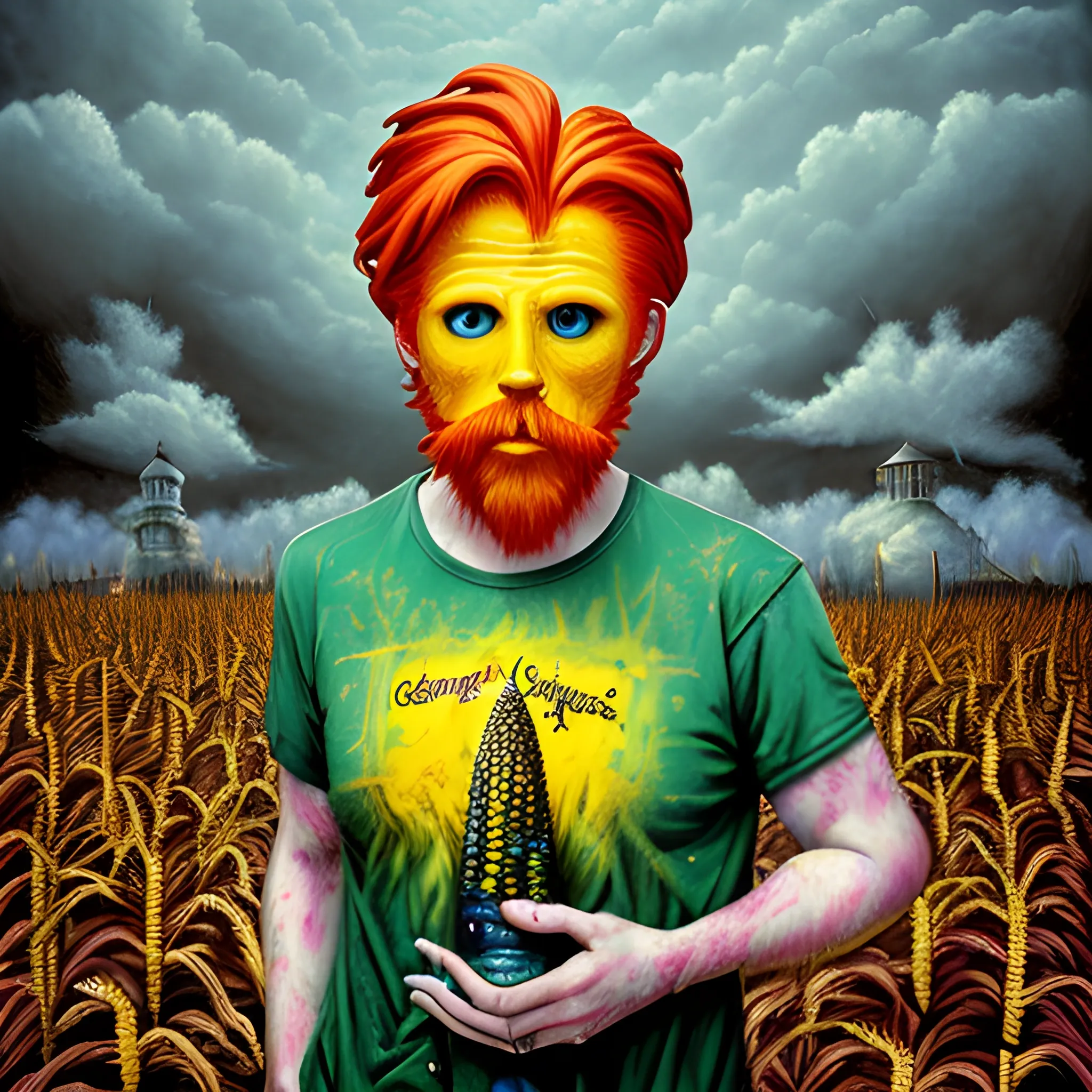  Masterpiece, scenic;  redhead Courtney Gains; neon spray paint, acrylic paint, fantastical surrealist world, yellow corn; in the style of Stephen Gammell and Shawn Coss