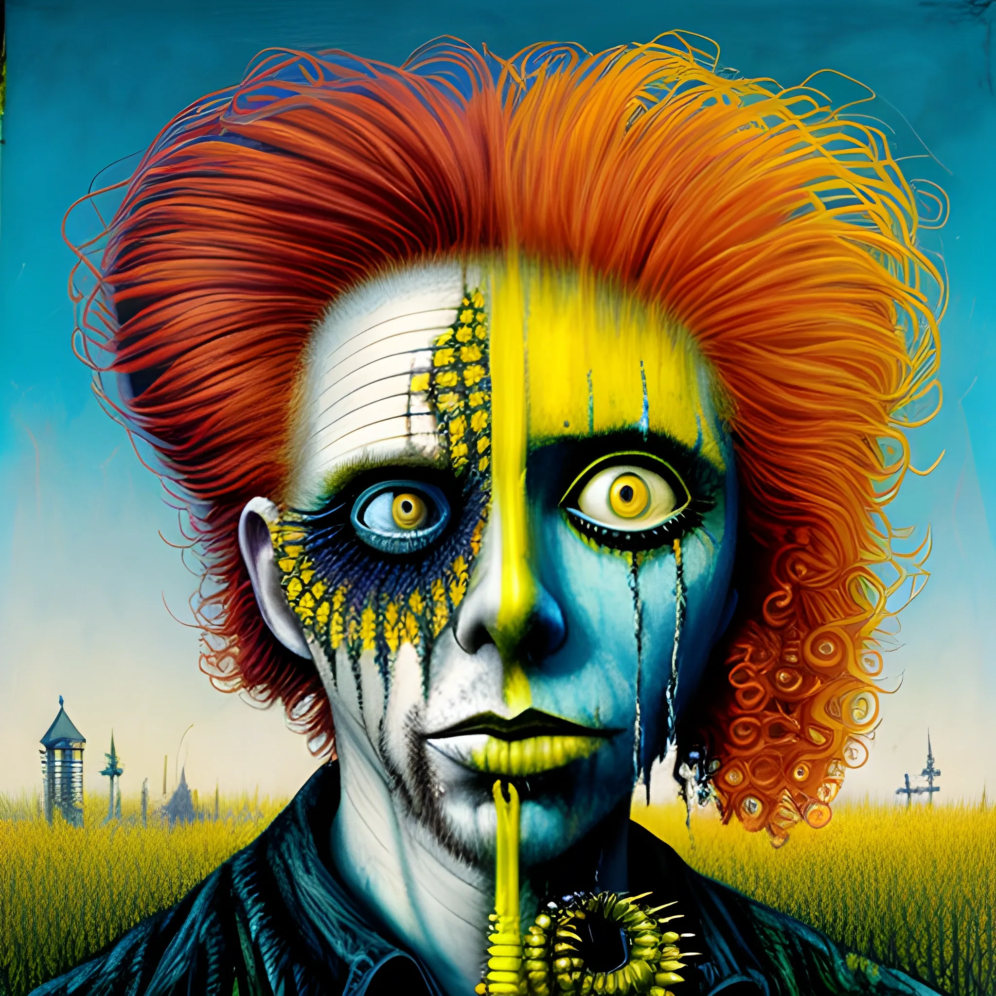  Masterpiece, scenic;  redhead Courtney Gains; neon spray paint, acrylic paint, fantastical surrealist world, yellow corn; in the style of Stephen Gammell and Shawn Coss