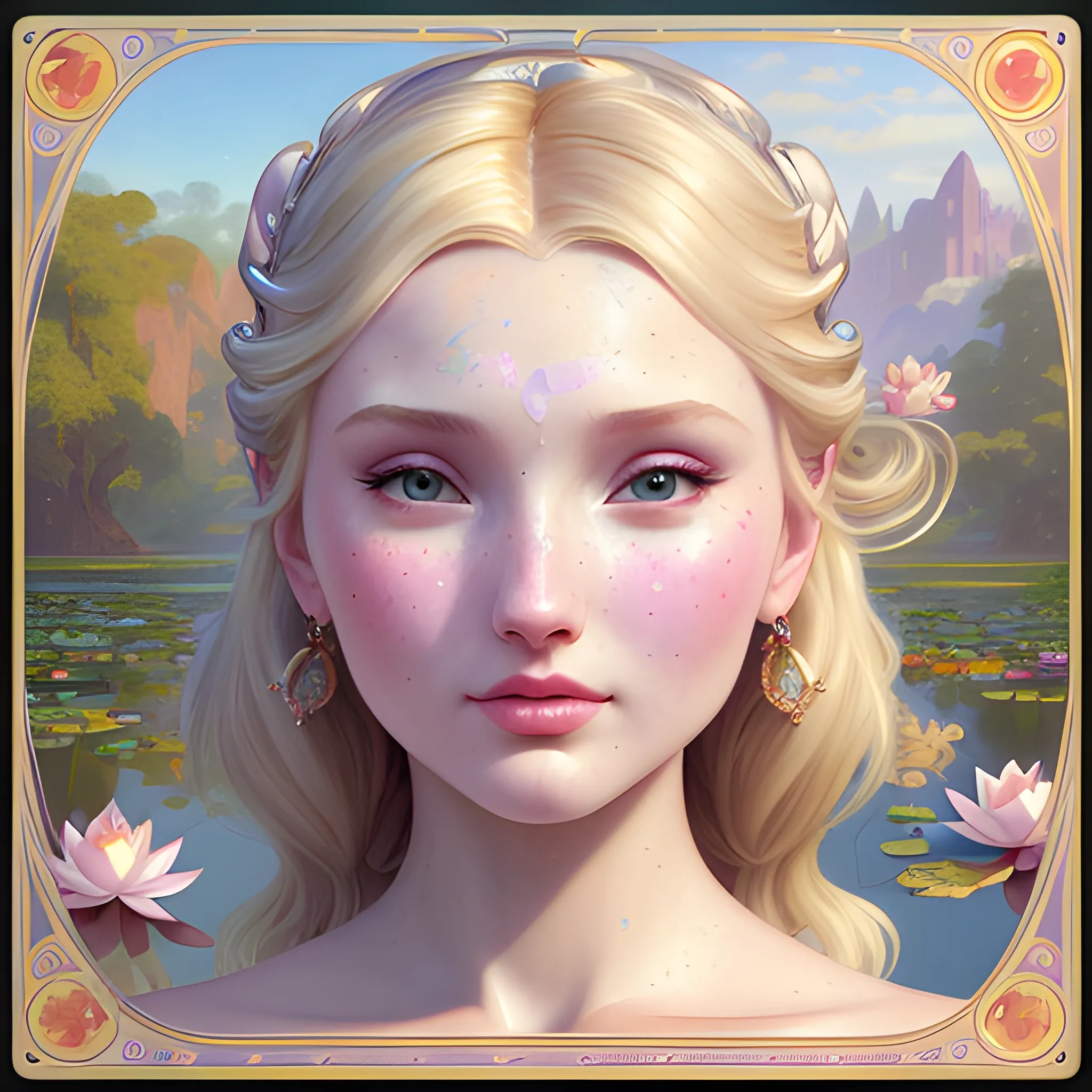 Elsa Hosk / Dove Cameron face morph; beautiful twins at a lotus pond; highly detailed beautiful faces; glitter, renaissance; high contrast, pastel, sorbet, pearlescent, Unreal Engine 5; by Dan Parent, Alphonse Mucha, Artgerm, WLOP, intricately detailed, fantasy, bizarre, beautiful, Chromolithography, Soft Shading, Unreal Engine; digital painting, smooth, sharp focus, illustration, art by lisa frank, Steve Goad, Frank Frazetta, William-Adolphe Bouguereau, Unreal Engine 5, Cartoon, 3D, Oil Painting