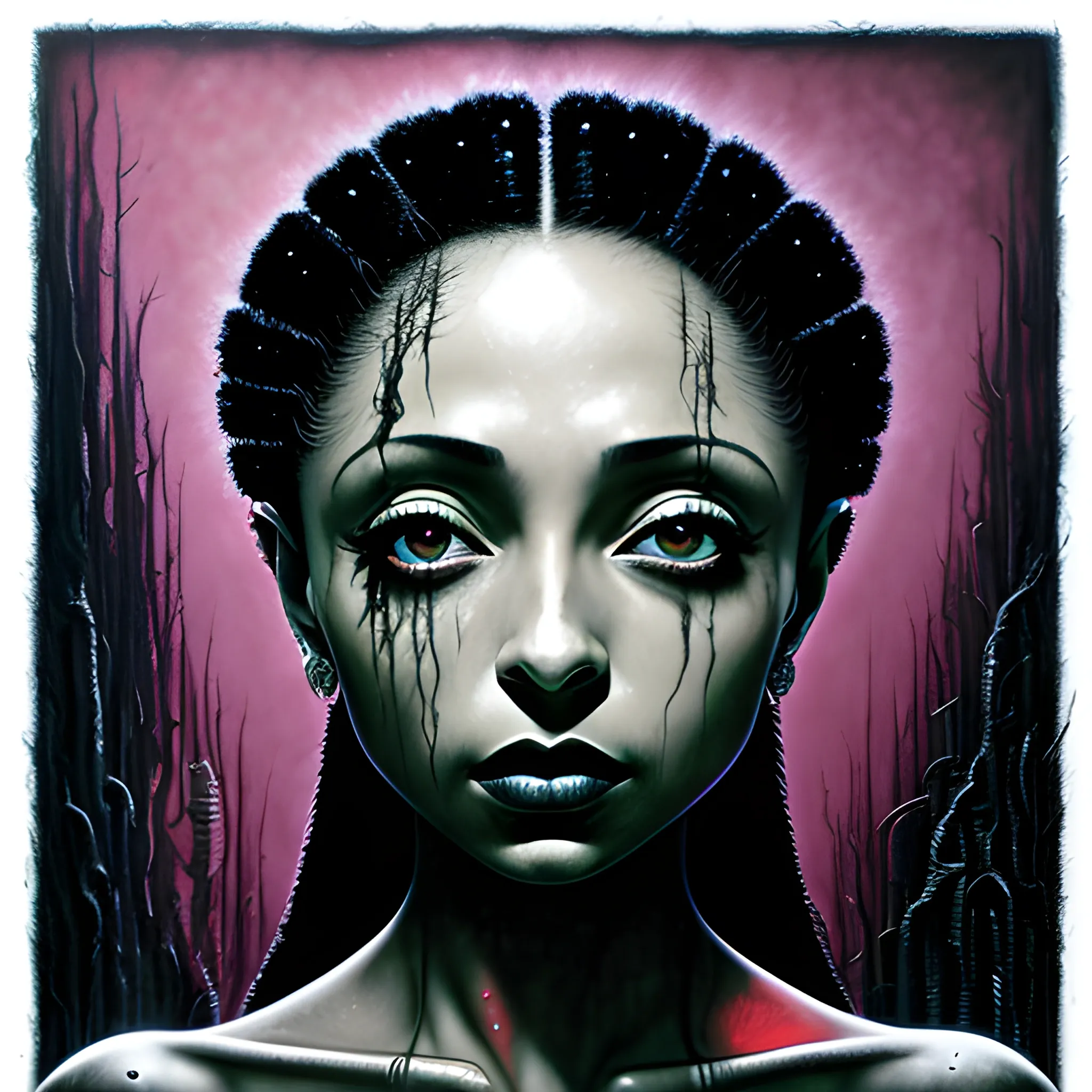  Masterpiece, scenic; Sade Adu; neon spray paint, acrylic paint, fantastical surrealist world, in the style of Stephen Gammell and Shawn Coss, extremely detailed, sick, gothic, eldritch