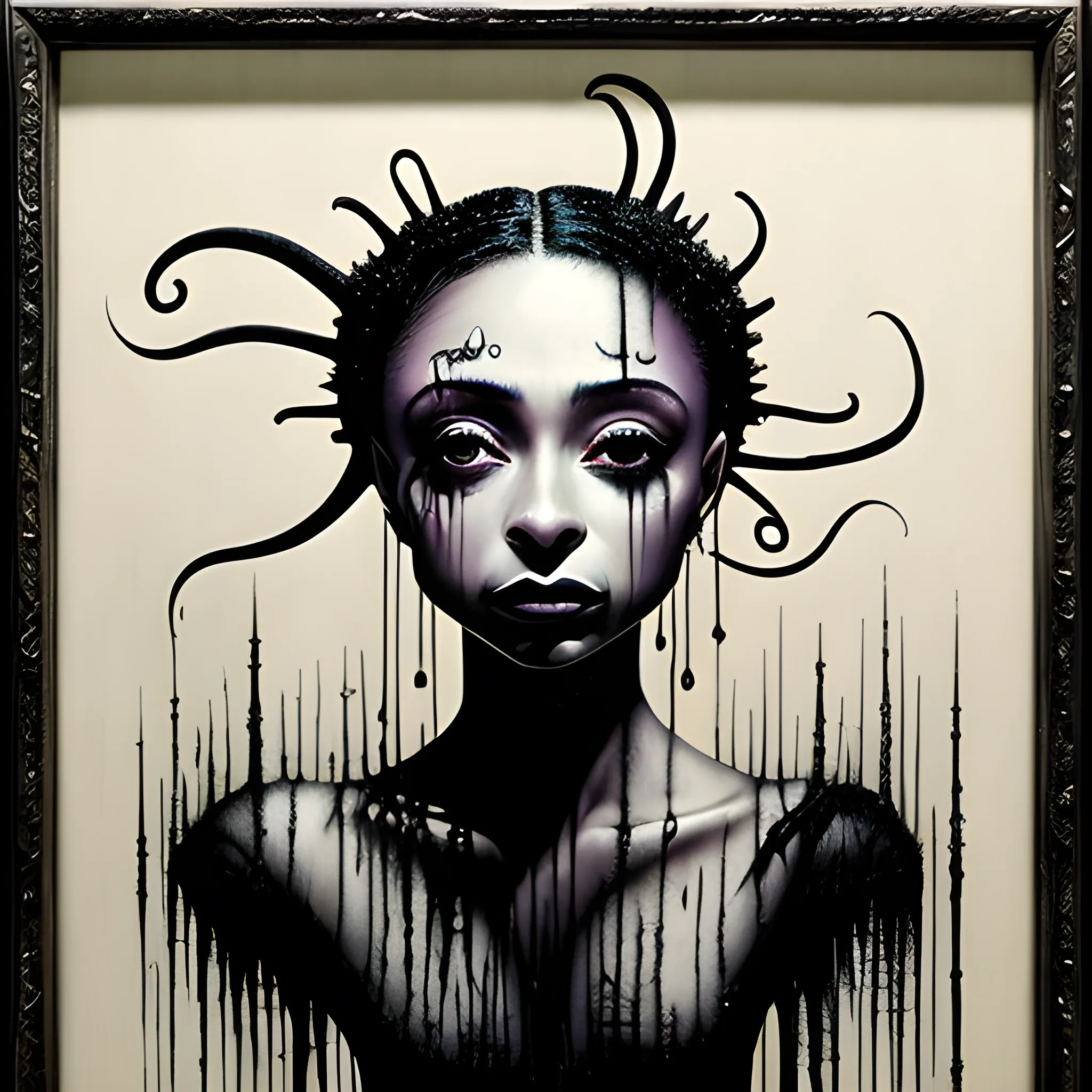  Masterpiece, scenic; Sade Adu; neon spray paint, acrylic paint, fantastical surrealist world, in the style of Stephen Gammell and Shawn Coss, extremely detailed, sick, gothic, eldritch