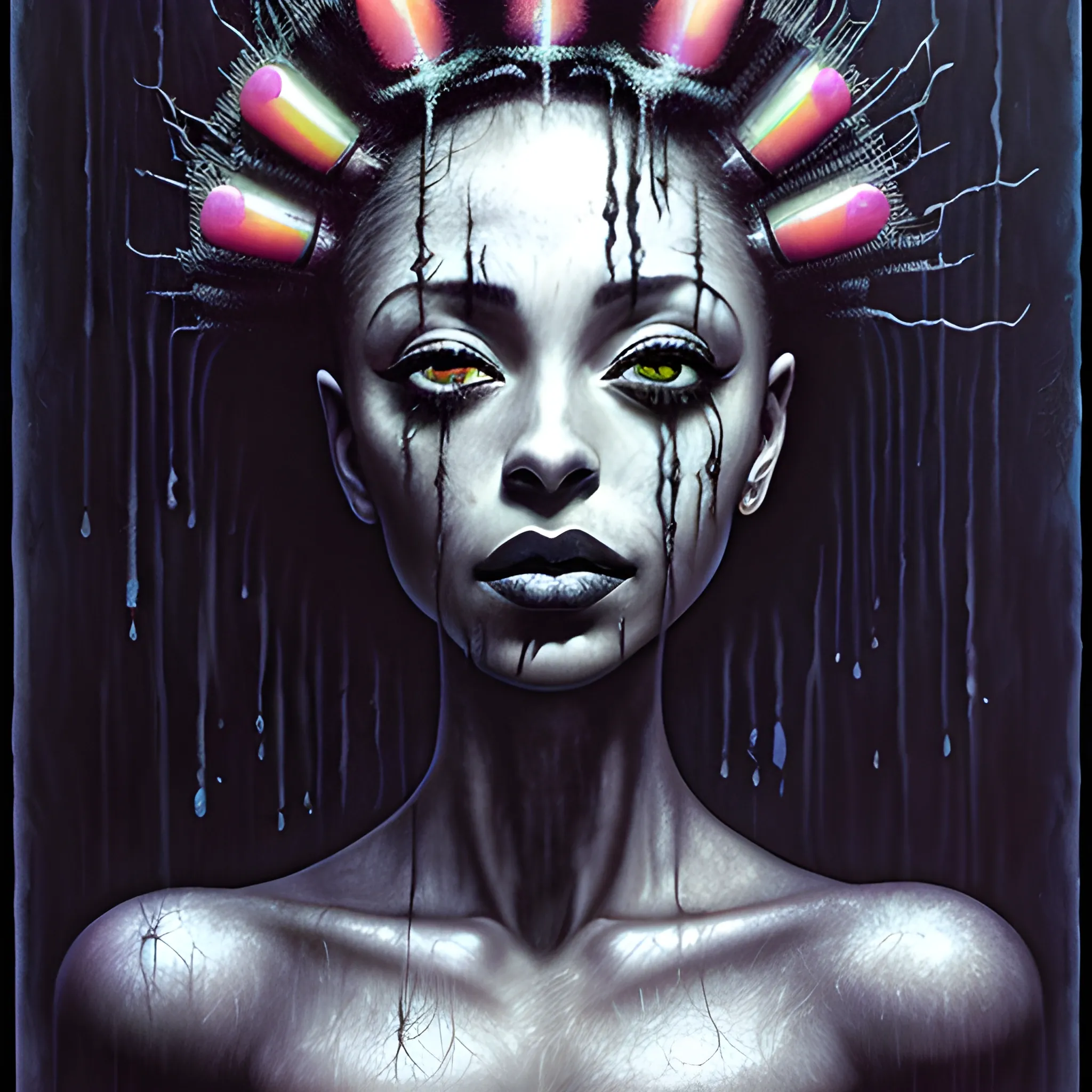  Masterpiece, scenic; Sade Adu; neon spray paint, acrylic paint, fantastical surrealist world, in the style of Stephen Gammell and Shawn Coss, extremely detailed, sick, gothic, eldritch