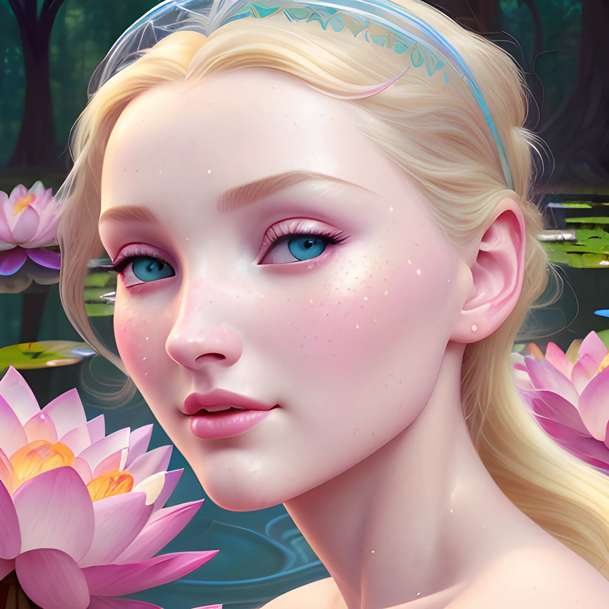 Elsa Hosk / Dove Cameron face morph; beautiful twins at a lotus pond; highly detailed beautiful faces; glitter, renaissance; high contrast, pastel, sorbet, pearlescent, Unreal Engine 5; by Dan Parent, Alphonse Mucha, Artgerm, WLOP, intricately detailed, fantasy, bizarre, beautiful, Chromolithography, Soft Shading, Unreal Engine; digital painting, smooth, sharp focus, illustration, art by lisa frank, Steve Goad, Frank Frazetta, William-Adolphe Bouguereau, Unreal Engine 5, Cartoon, 3D, Oil Painting
