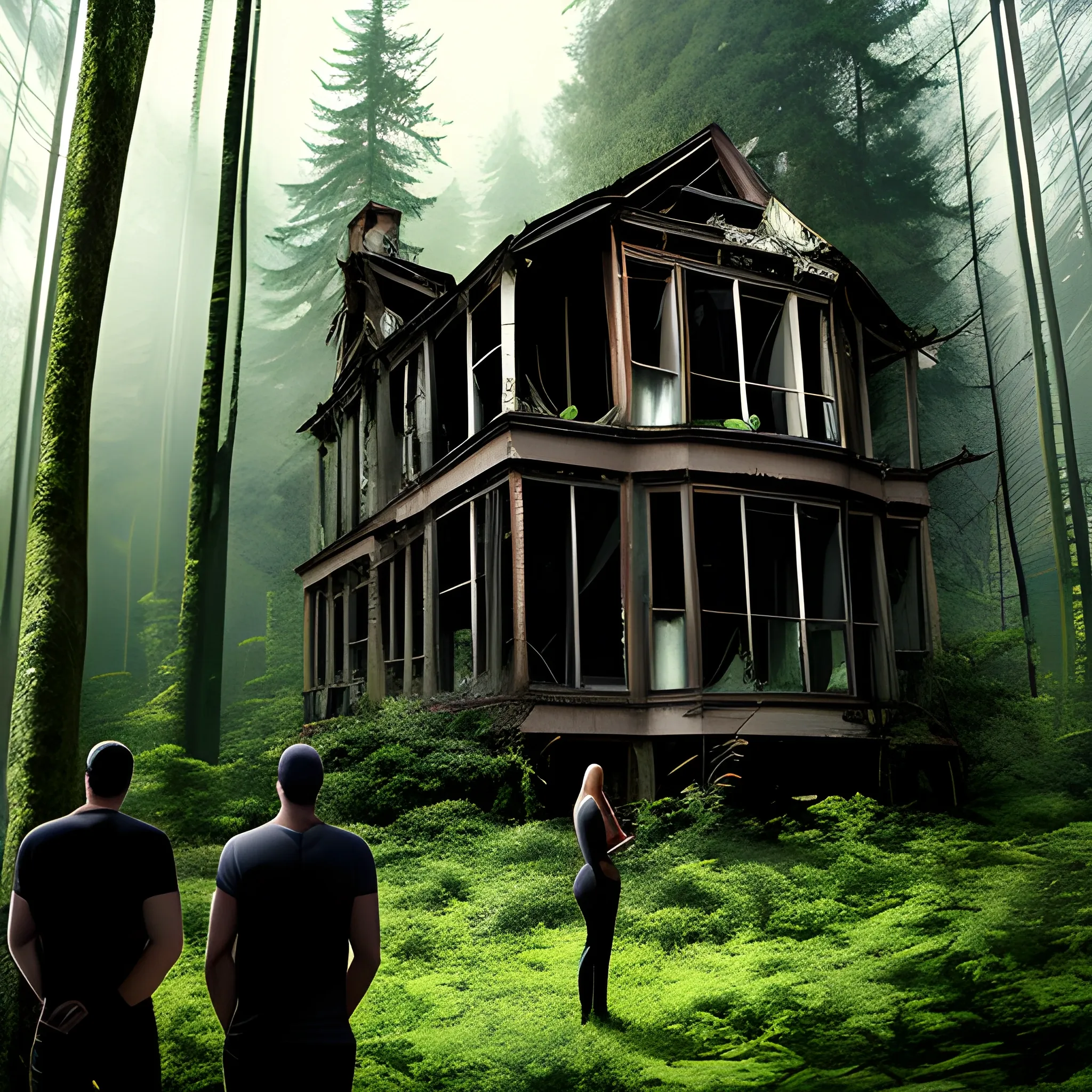 "Four children, two boys and two girls, standing near a dense forest, looking curiously at an old, dilapidated house that has appeared among the trees.", , Trippy