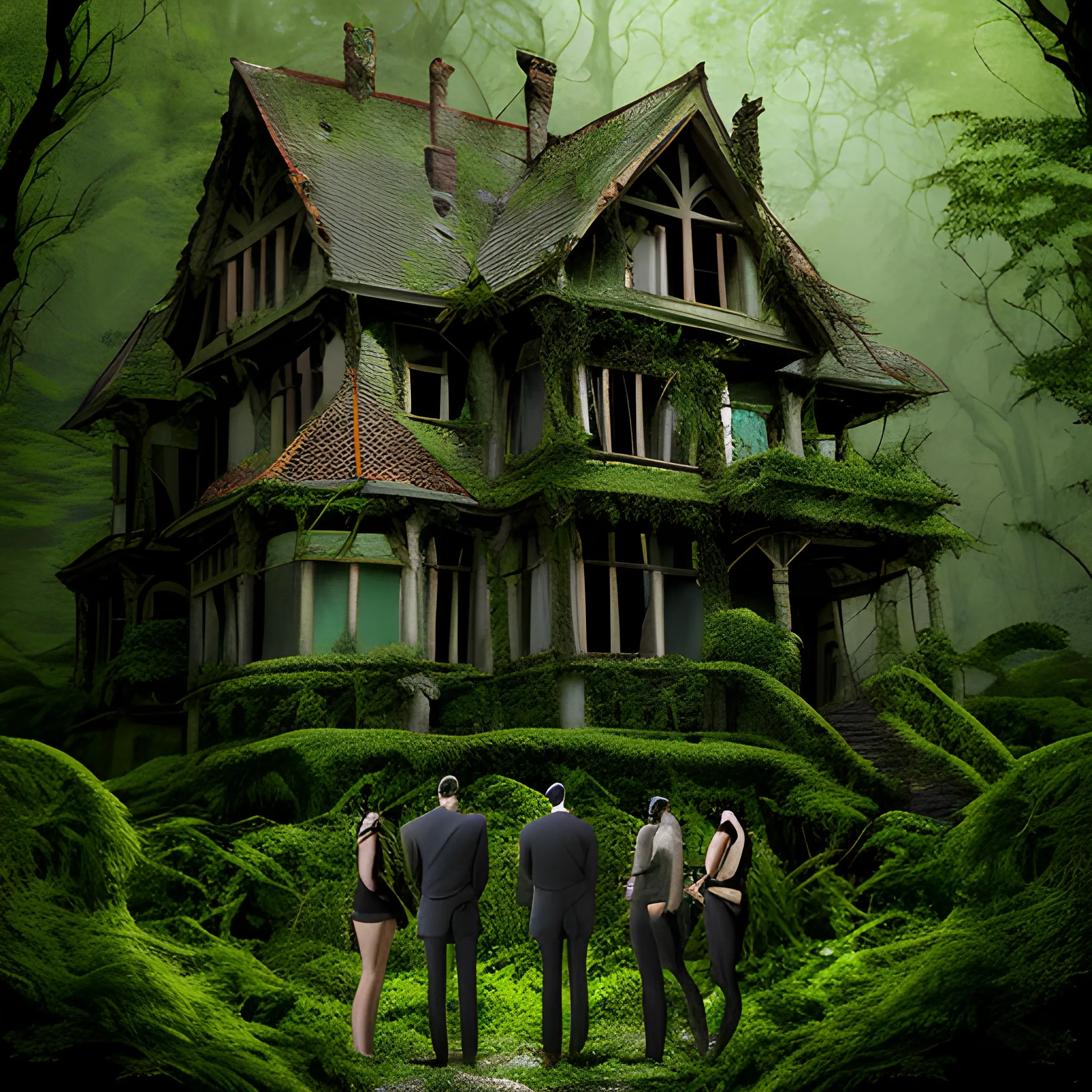 Description: Picture four children (two boys and two girls) standing at the edge of a dense forest. They should look intrigued and maybe a bit cautious as they observe an old, eerie house that seems to have appeared among the trees. The house should look dilapidated, with broken windows and ivy creeping up its walls.