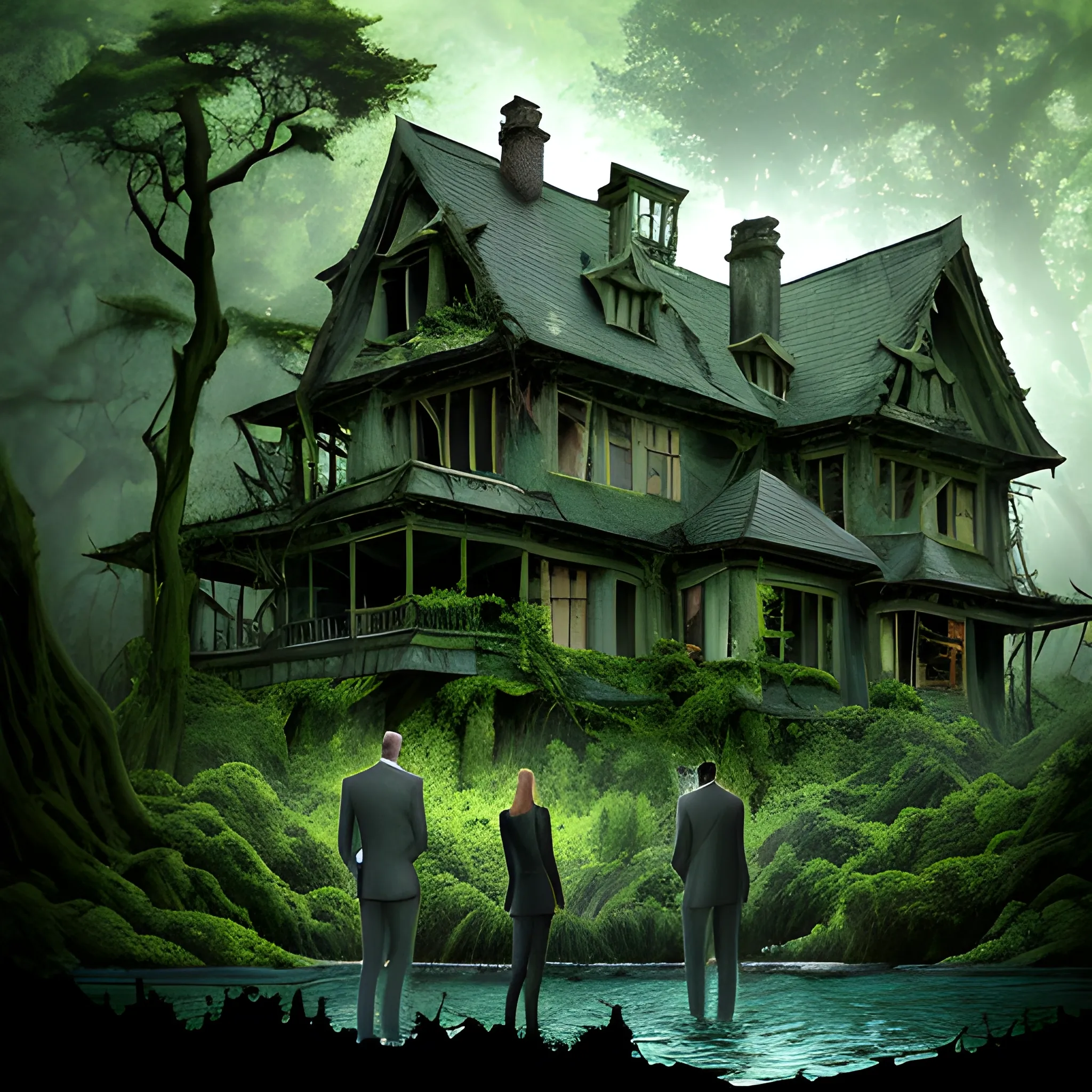 Description: Picture four children (two boys and two girls) standing at the edge of a dense forest. They should look intrigued and maybe a bit cautious as they observe an old, eerie house that seems to have appeared among the trees. The house should look dilapidated, with broken windows and ivy creeping up its walls., Water Color